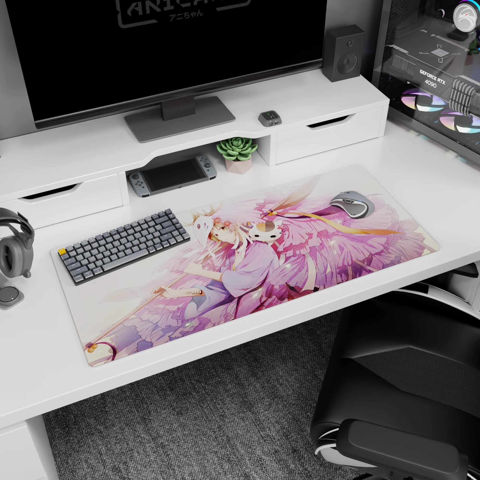 Anime girl in lavender robes with pink wings and a sleepy cat companion desk pad 36x16 inches.
