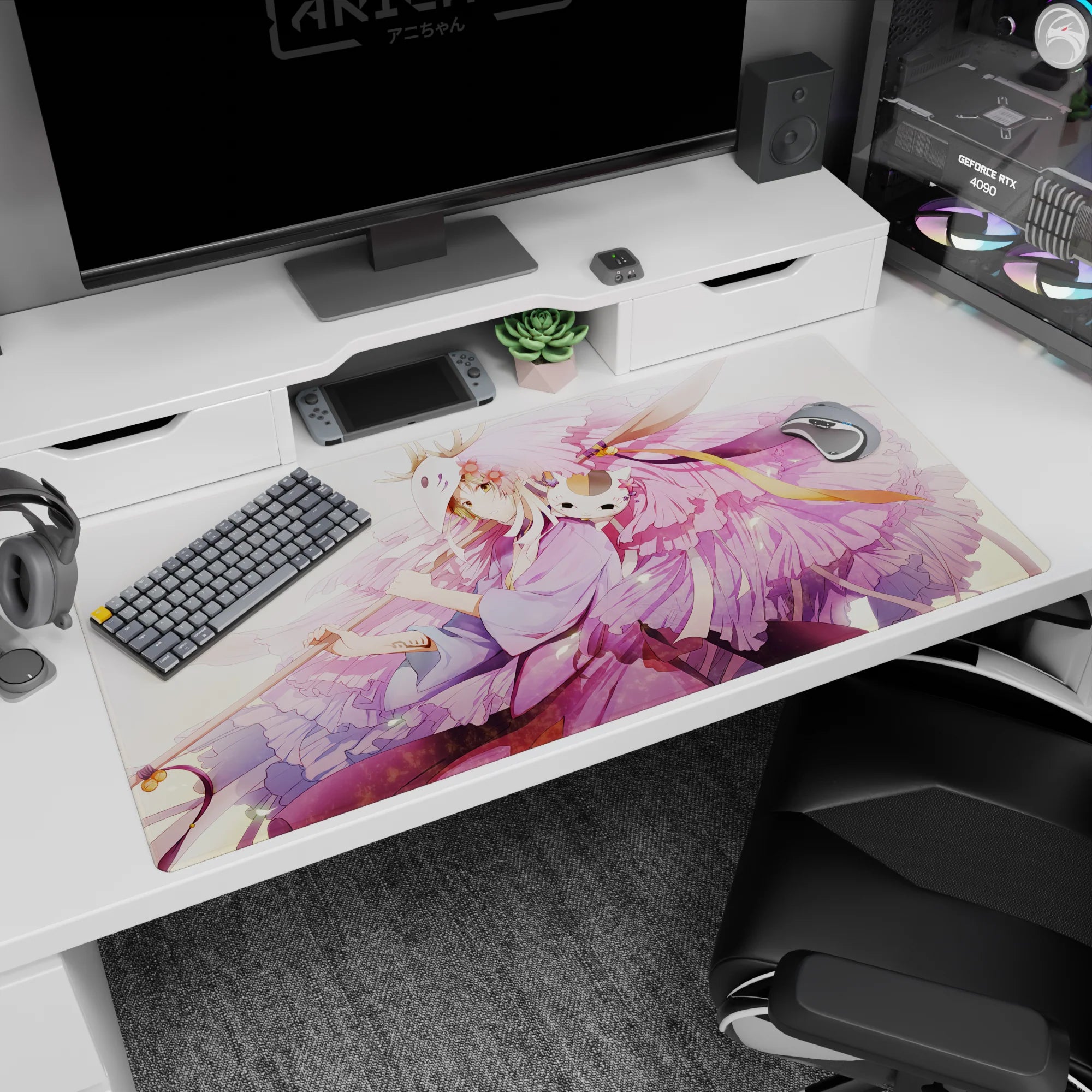 Anime girl in lavender robe with blush wings and a sleepy cat companion desk pad 40x20 inches.