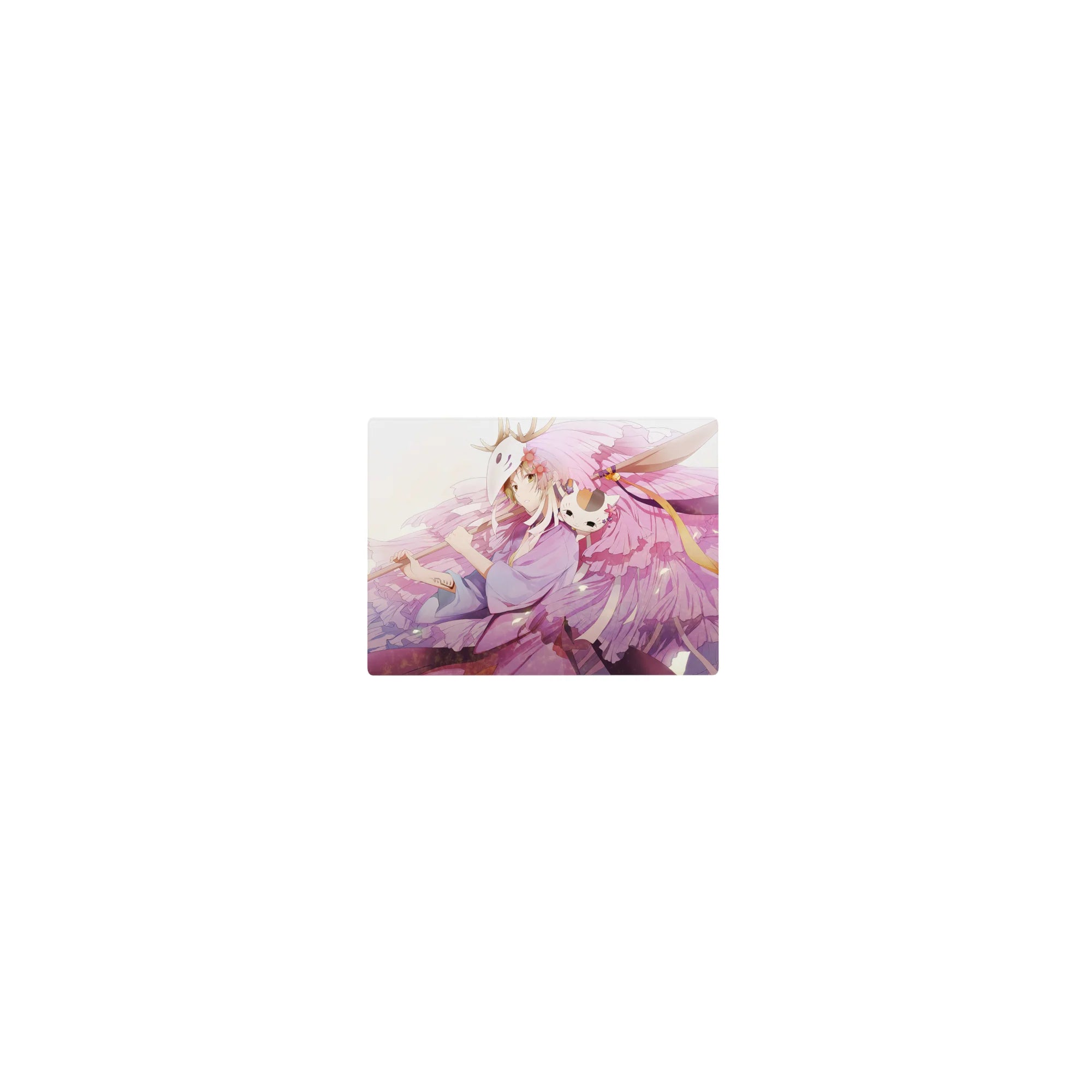Classic anime girl mouse pad 14x10 inches with fox mask theme, pastel petals, ribbons, and wings.