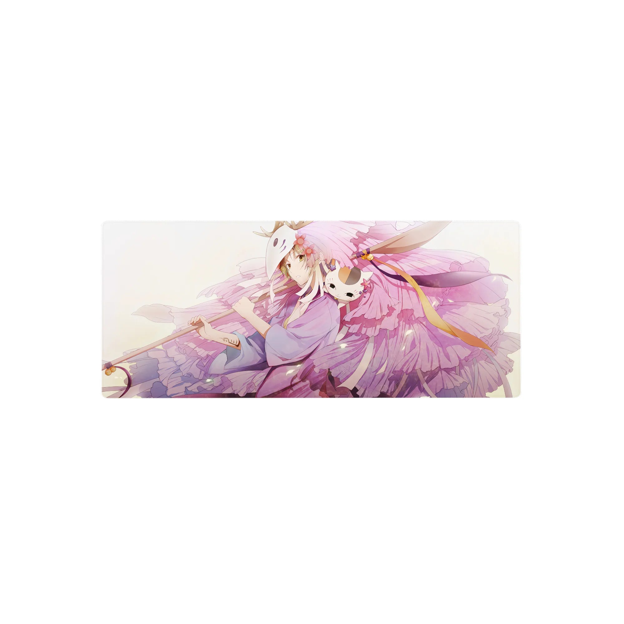 28x12 inches anime girl mouse pad with fox mask vibe, pastel petals, ribbons, and winged kimono art.