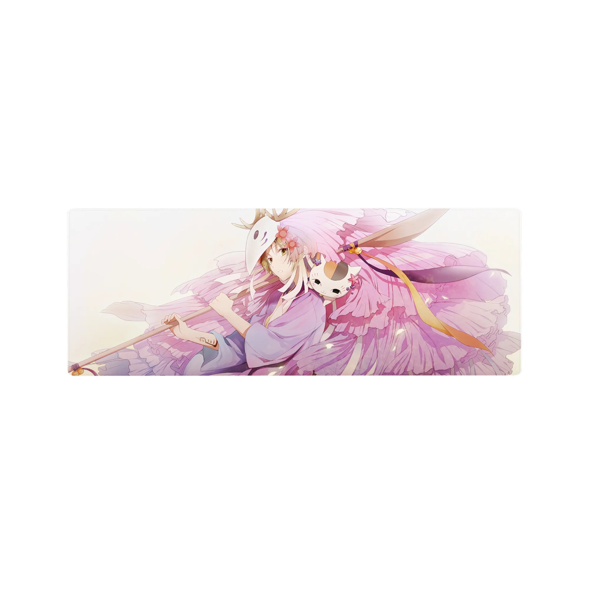 32x12 inches anime girl mouse pad with fox mask theme, pastel petals, ribbons, and cute cat companion.