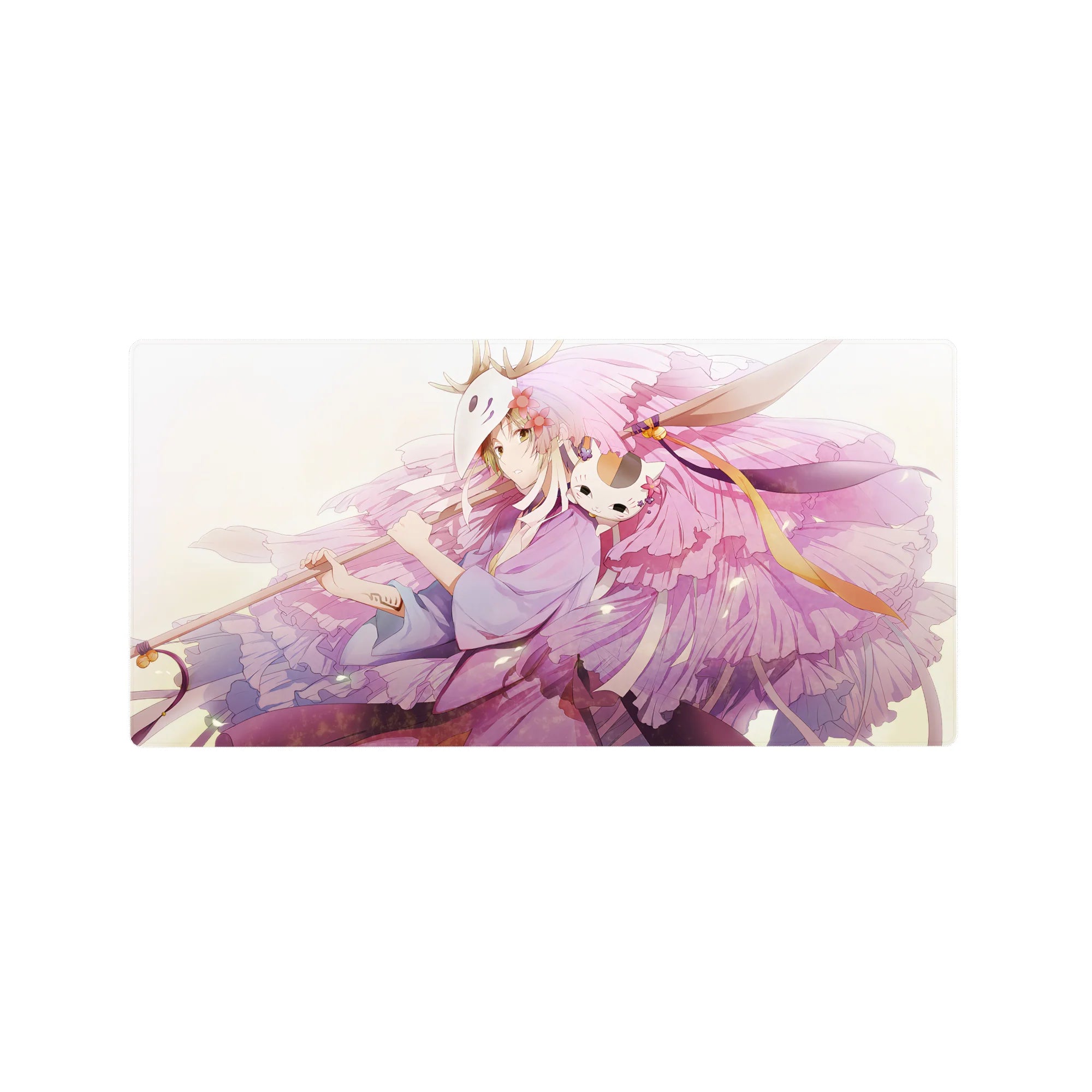 32x16 inches anime girl mouse pad with fox mask theme, pastel petals, ribbons, and cute cat companion.