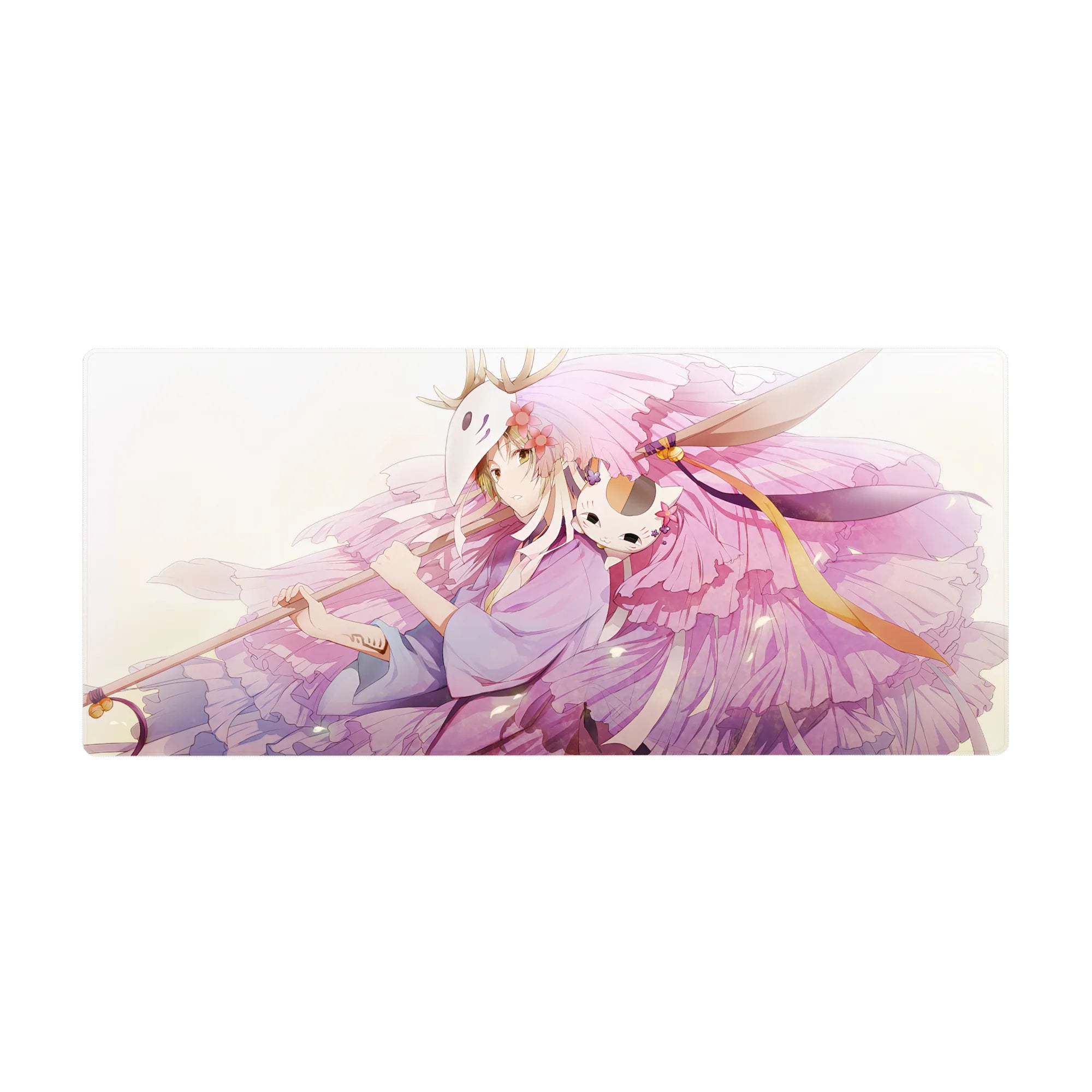 Anime girl desk pad 36x16 inches with pastel petals, fox mask theme, ribbons and soft pattern.
