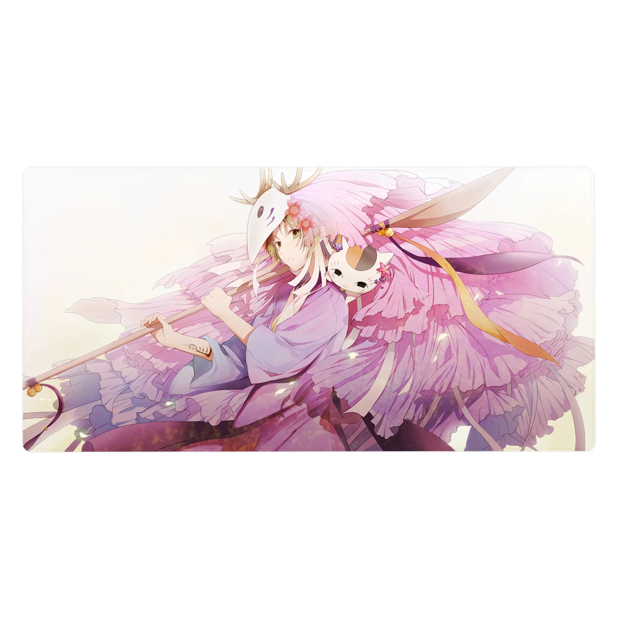 Anime girl desk pad 40x20 inches with fox mask theme, pastel petals, ribbons, and soft pattern.