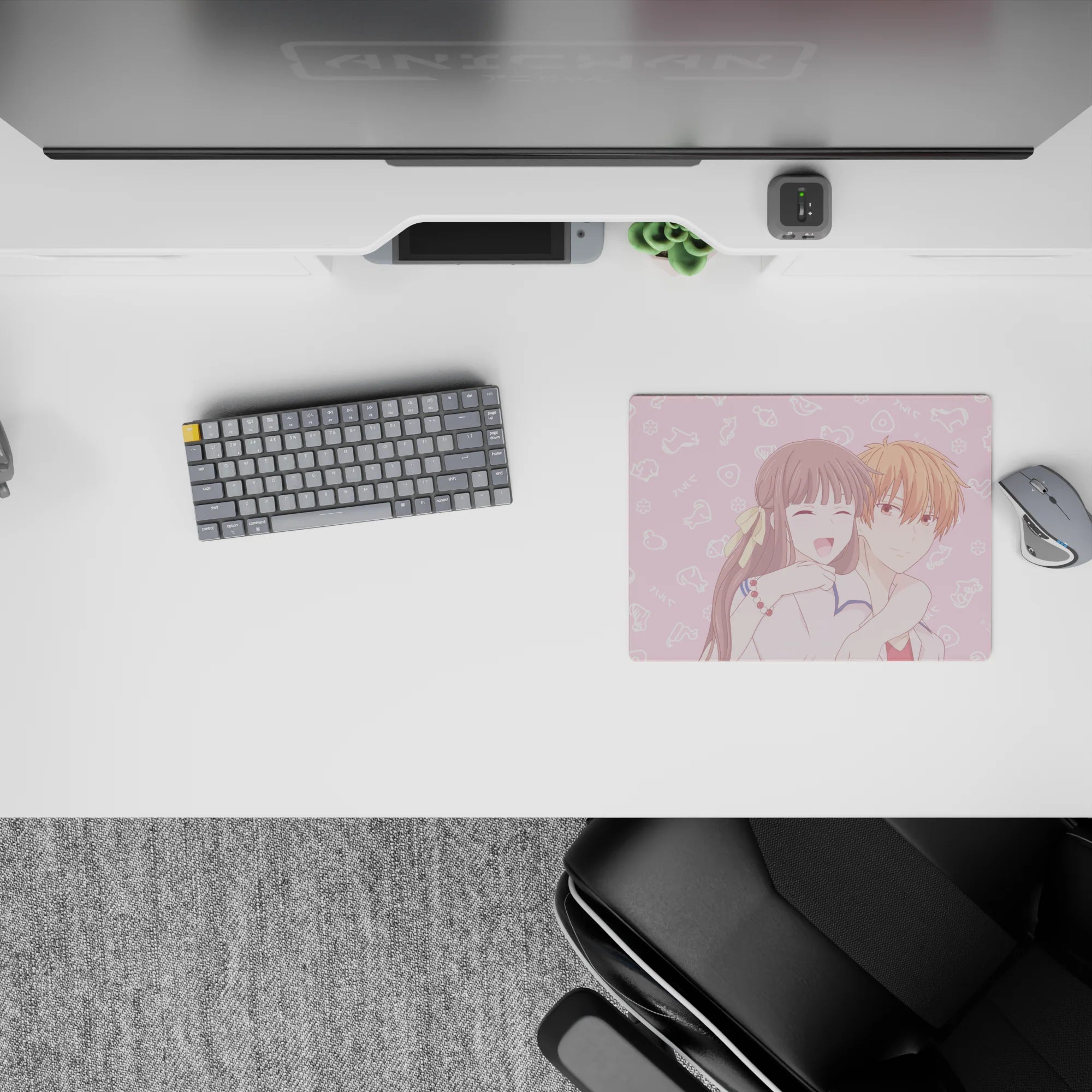 Blush-pink 14x10 inches anime mouse pad, cozy romantic vibe with cute floating doodles.