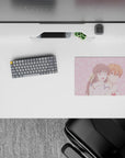 Blush-pink 14x10 inches anime mouse pad, cozy romantic vibe with cute floating doodles.