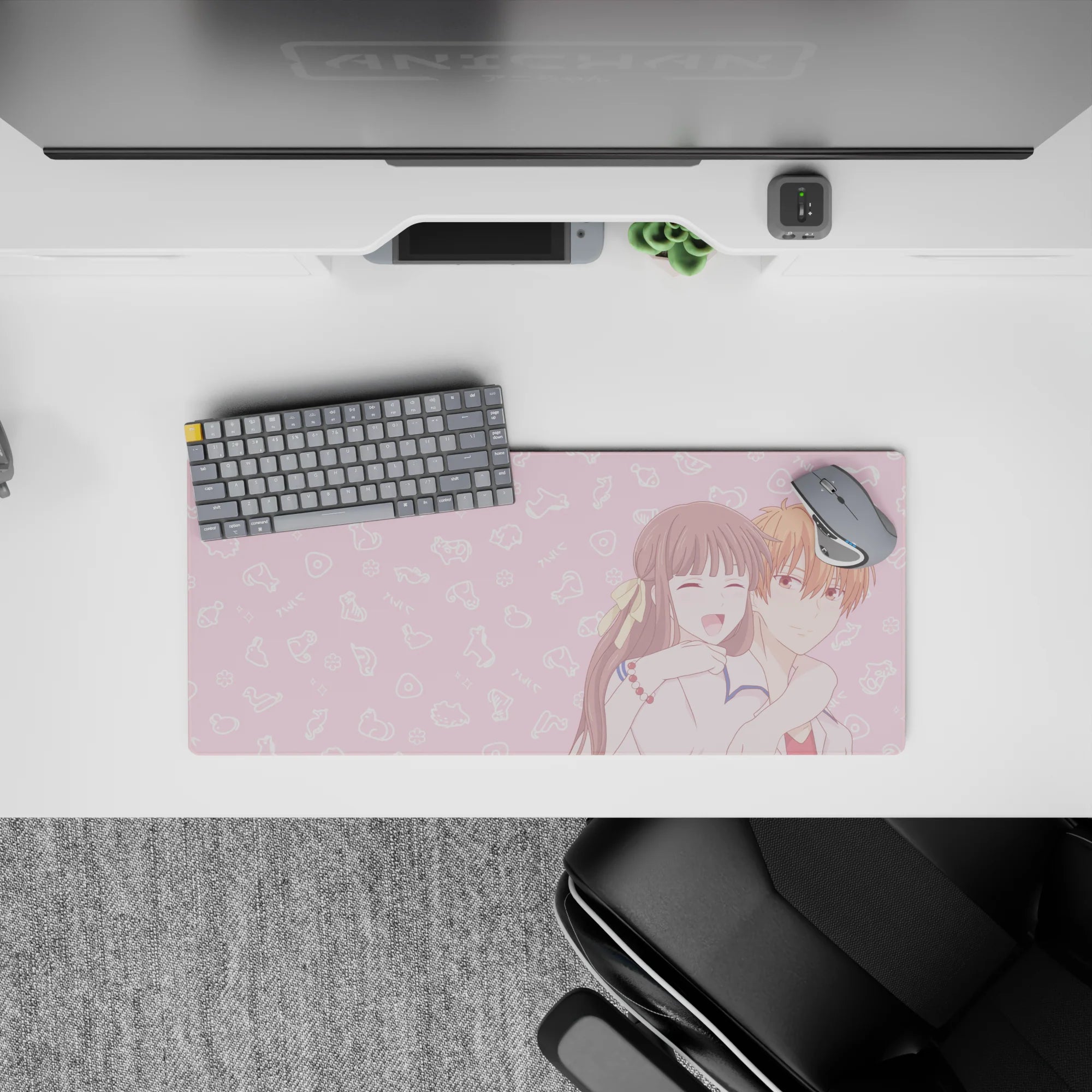 28x12 inches blush-pink kawaii anime desk mat, soft romantic vibe with candy-cloud doodles and cozy couple.
