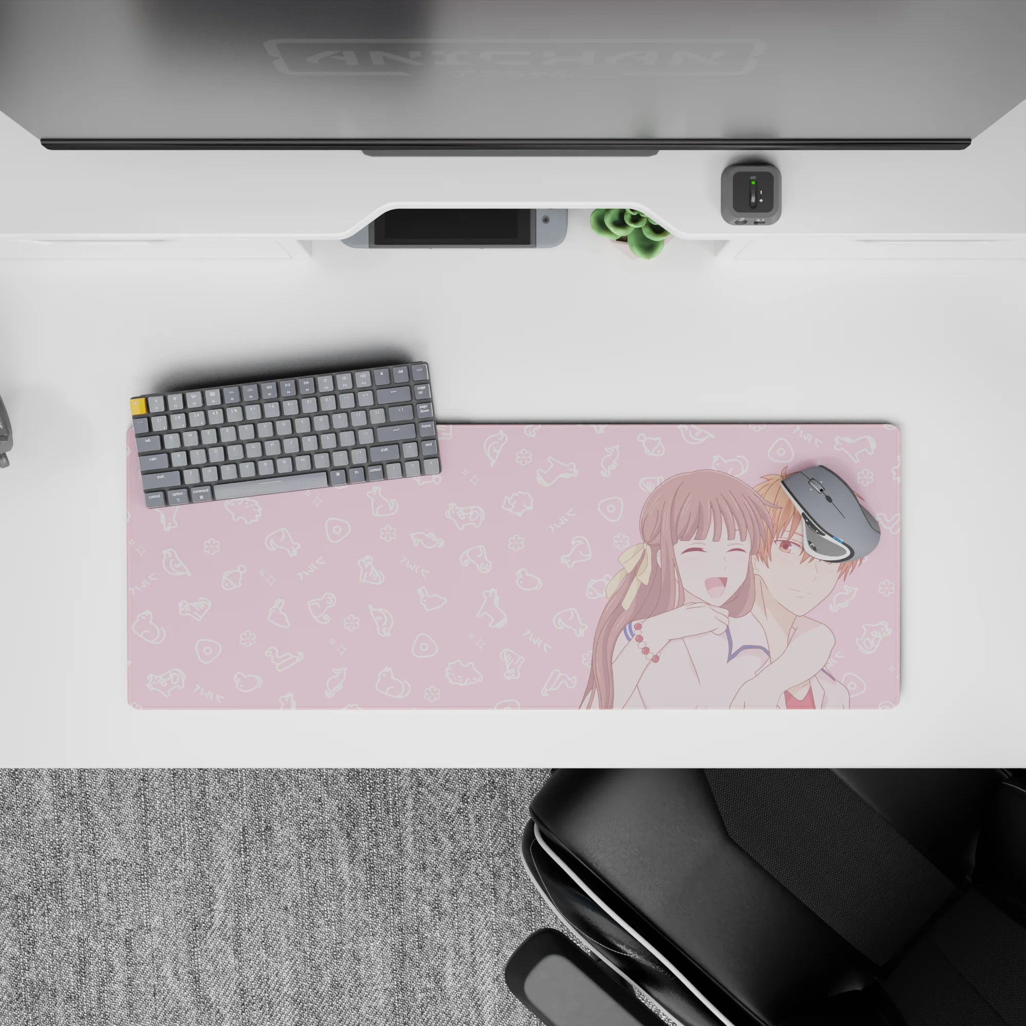 32x12 inches anime mouse pad in soft blush pink with candy-cloud doodles, sweet cheerful vibe for desk.