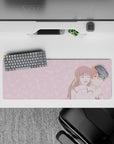 32x12 inches anime mouse pad in soft blush pink with candy-cloud doodles, sweet cheerful vibe for desk.