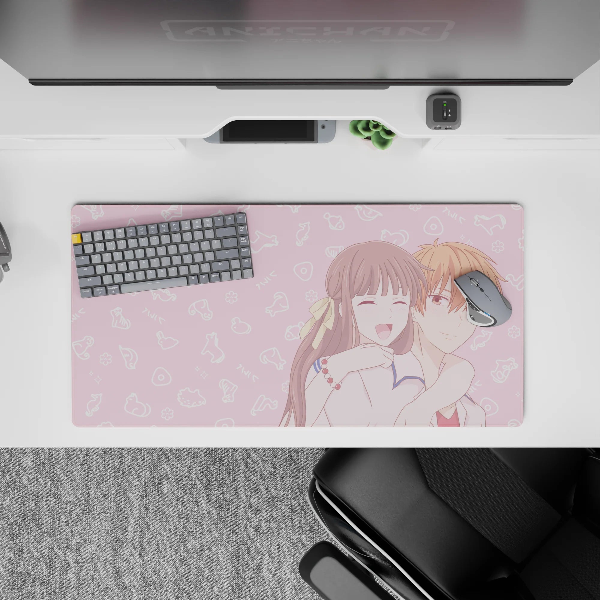 32x16 inches anime mouse pad in soft blush pink, candy-cloud doodles, cozy romantic vibe.