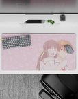 32x16 inches anime mouse pad in soft blush pink, candy-cloud doodles, cozy romantic vibe.