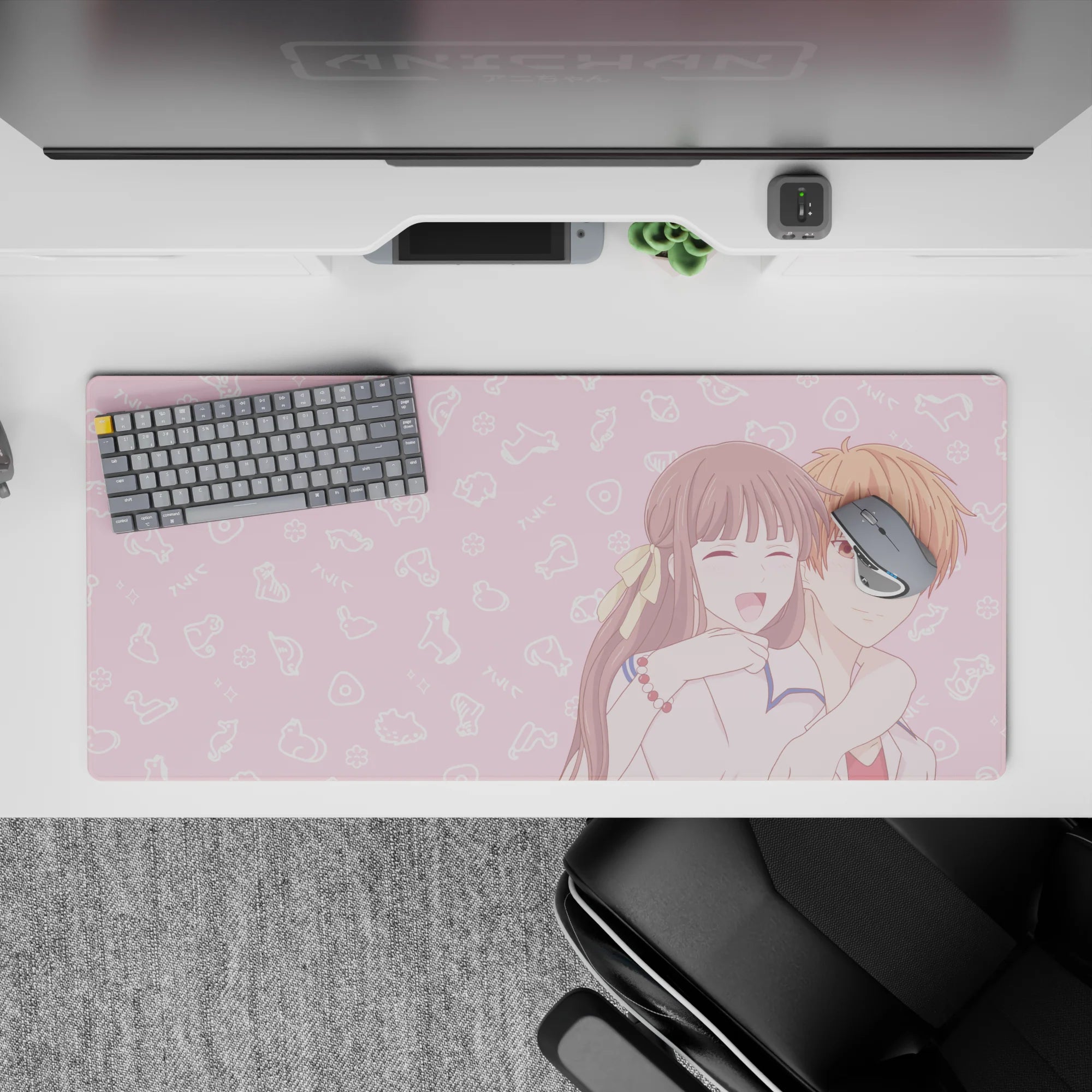 36x16 inches blush-pink anime desk pad with candy-cloud doodles, cozy romantic vibe for gaming and work.