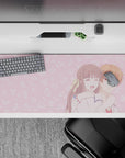 36x16 inches blush-pink anime desk pad with candy-cloud doodles, cozy romantic vibe for gaming and work.