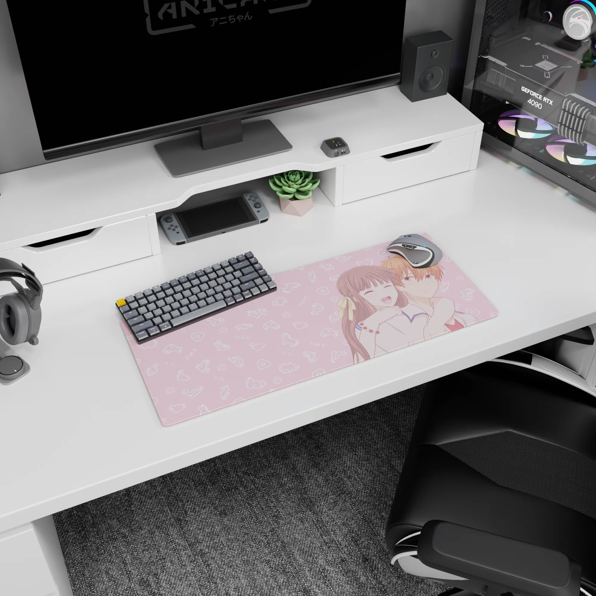 28x12 inches anime mouse pad showing brown-haired girl with ribbon hugging orange-haired boy, eyes closed laughing.