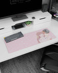 32x12 inches anime mouse pad showing brown-haired girl with ribbon hugging orange-haired boy, eyes closed laughing.