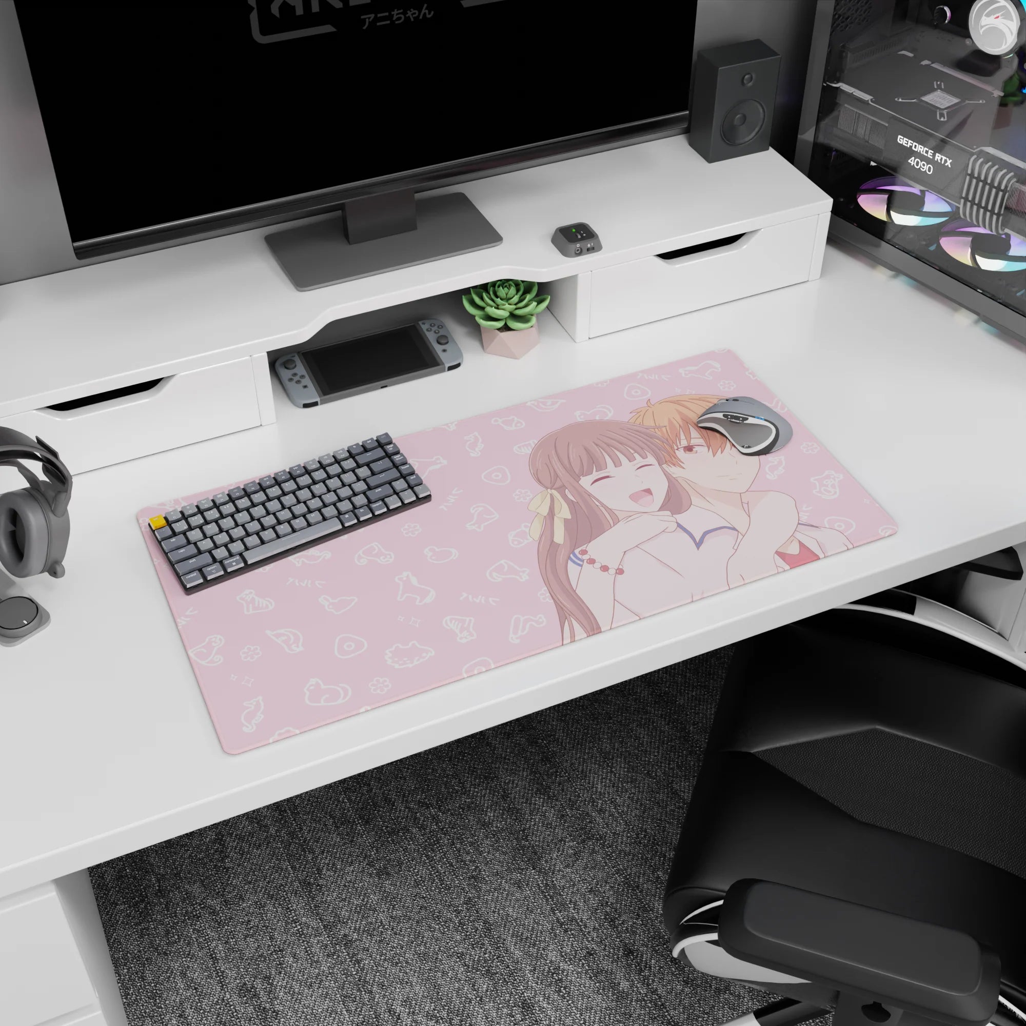 32x16 inches anime mouse pad showing girl with ribbon hugging boy from behind, eyes closed laughing.