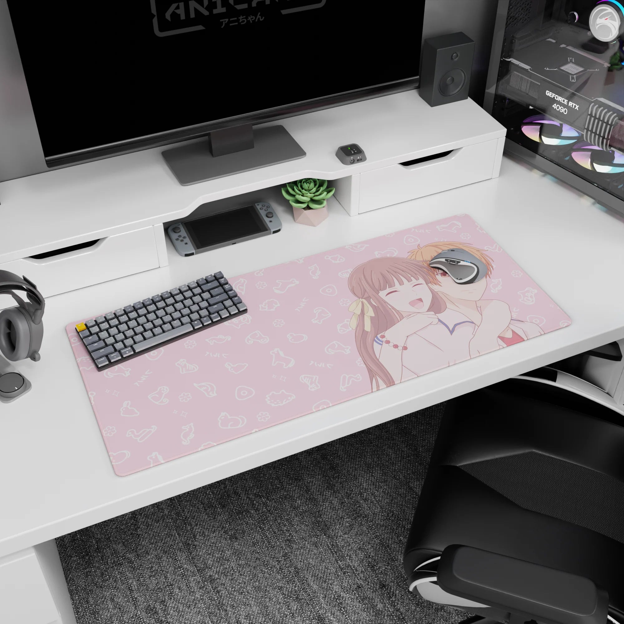36x16 inches anime desk pad showing a girl hugging a calm orange-haired boy, both smiling on a pink scene.