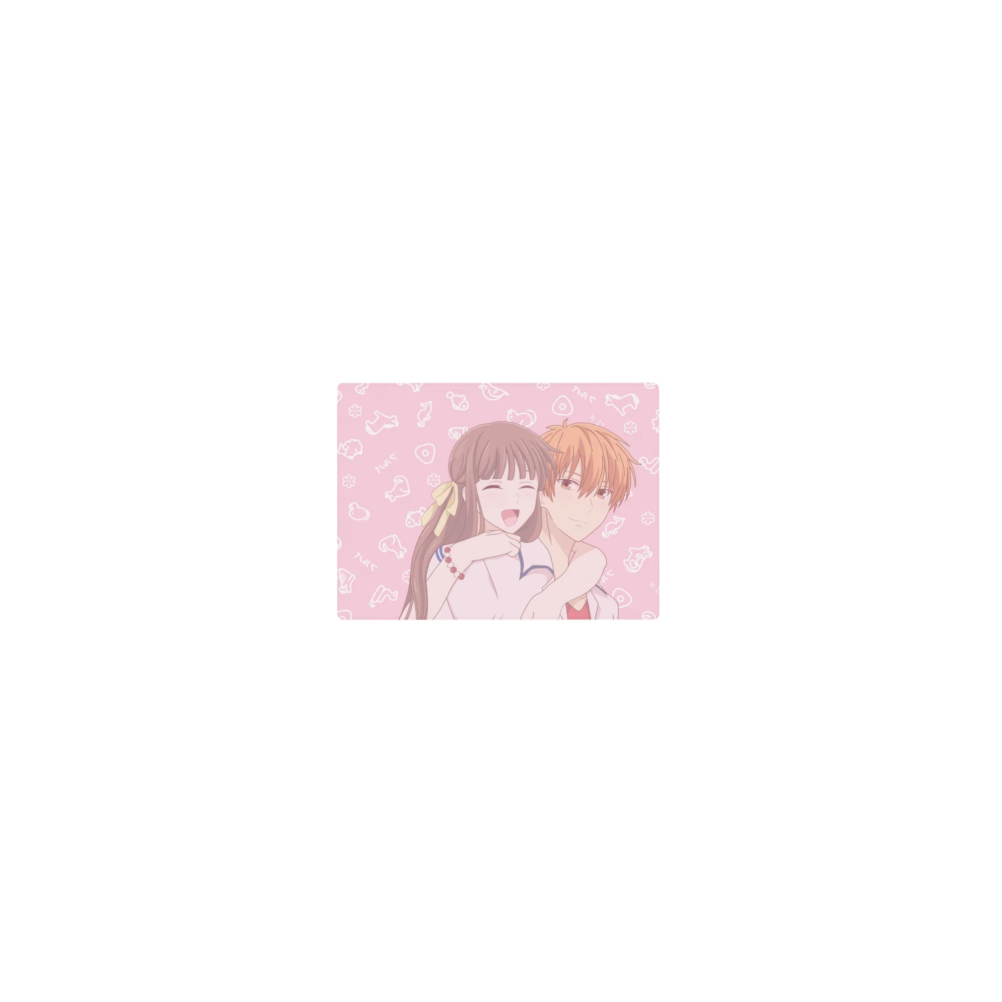 Classic anime mouse pad 14x10 inches with laughing girl hugging boy, doodle cloud background.