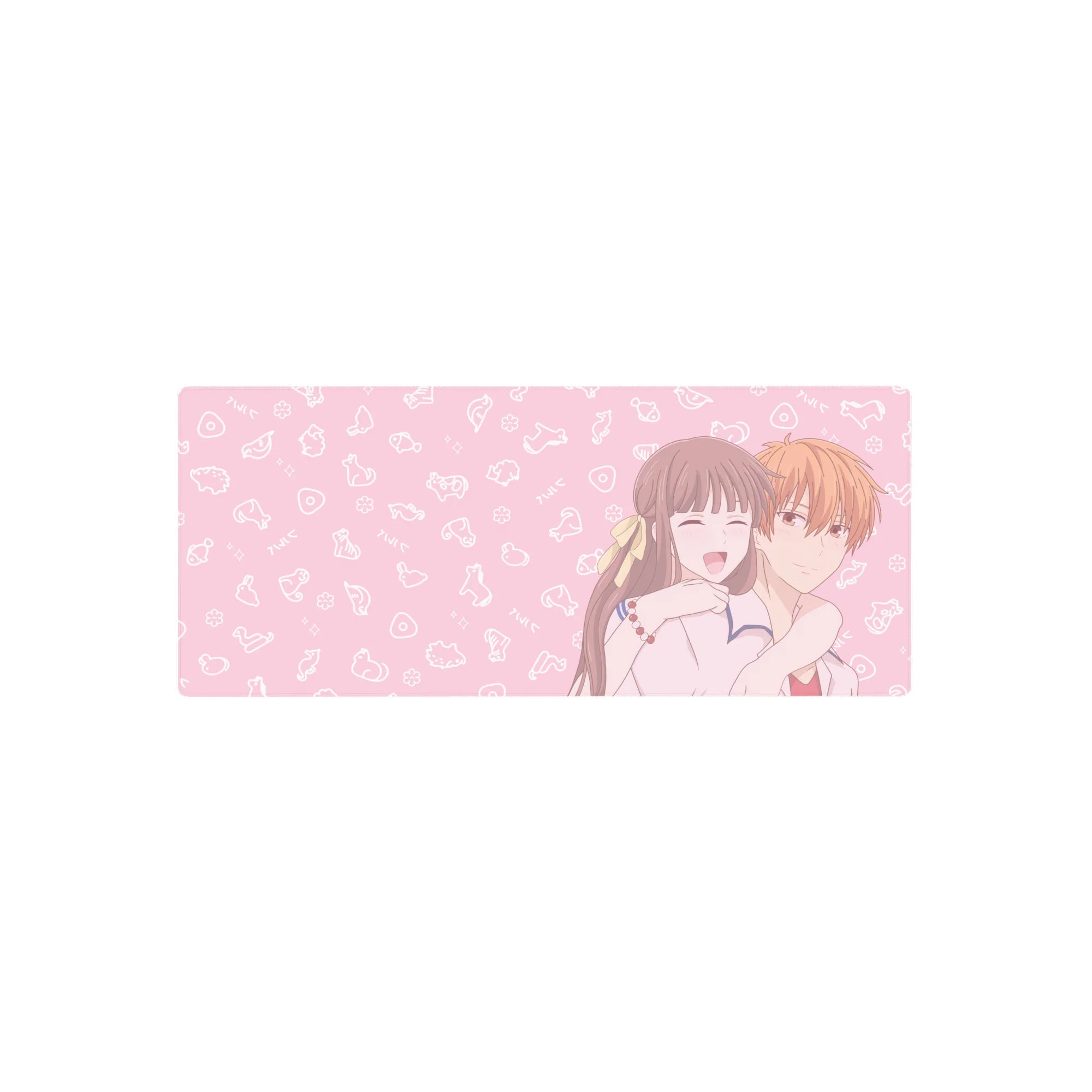 28x12 inches anime mouse pad with laughing girl hugging boy, blush pink background and cute doodle accents.