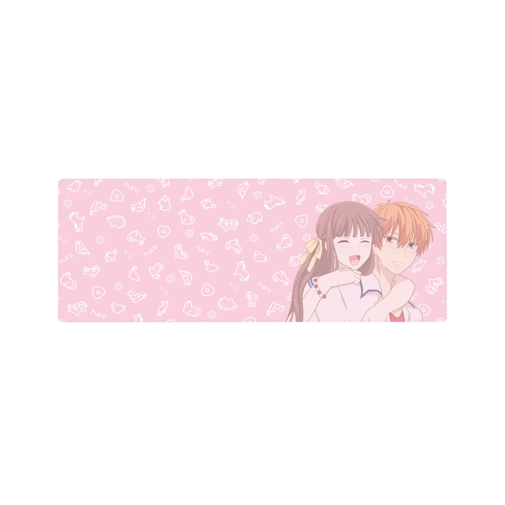 32x12 inches anime mouse pad with laughing girl hugging boy, blush pink doodle background, cozy romance.
