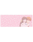 32x12 inches anime mouse pad with laughing girl hugging boy, blush pink doodle background, cozy romance.