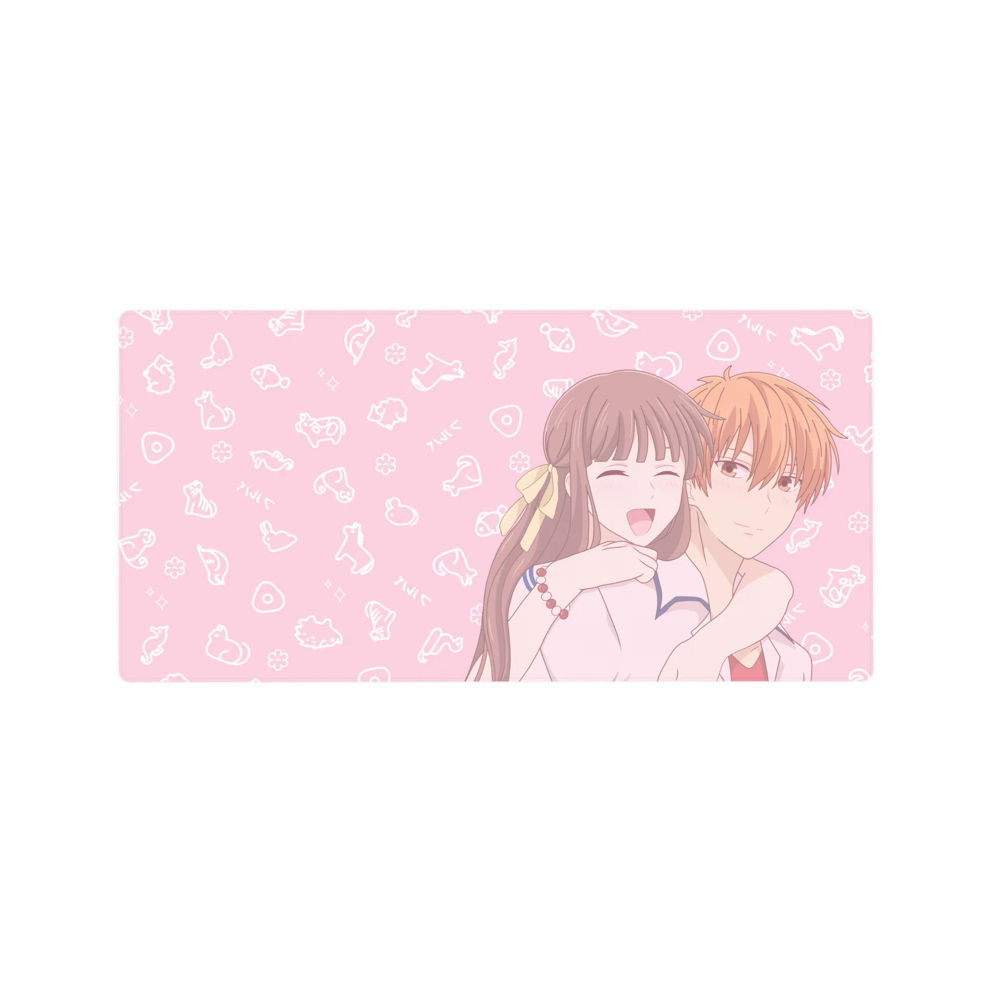 32x16 inches anime mouse pad with laughing couple hug, blush pink background and floating doodles.