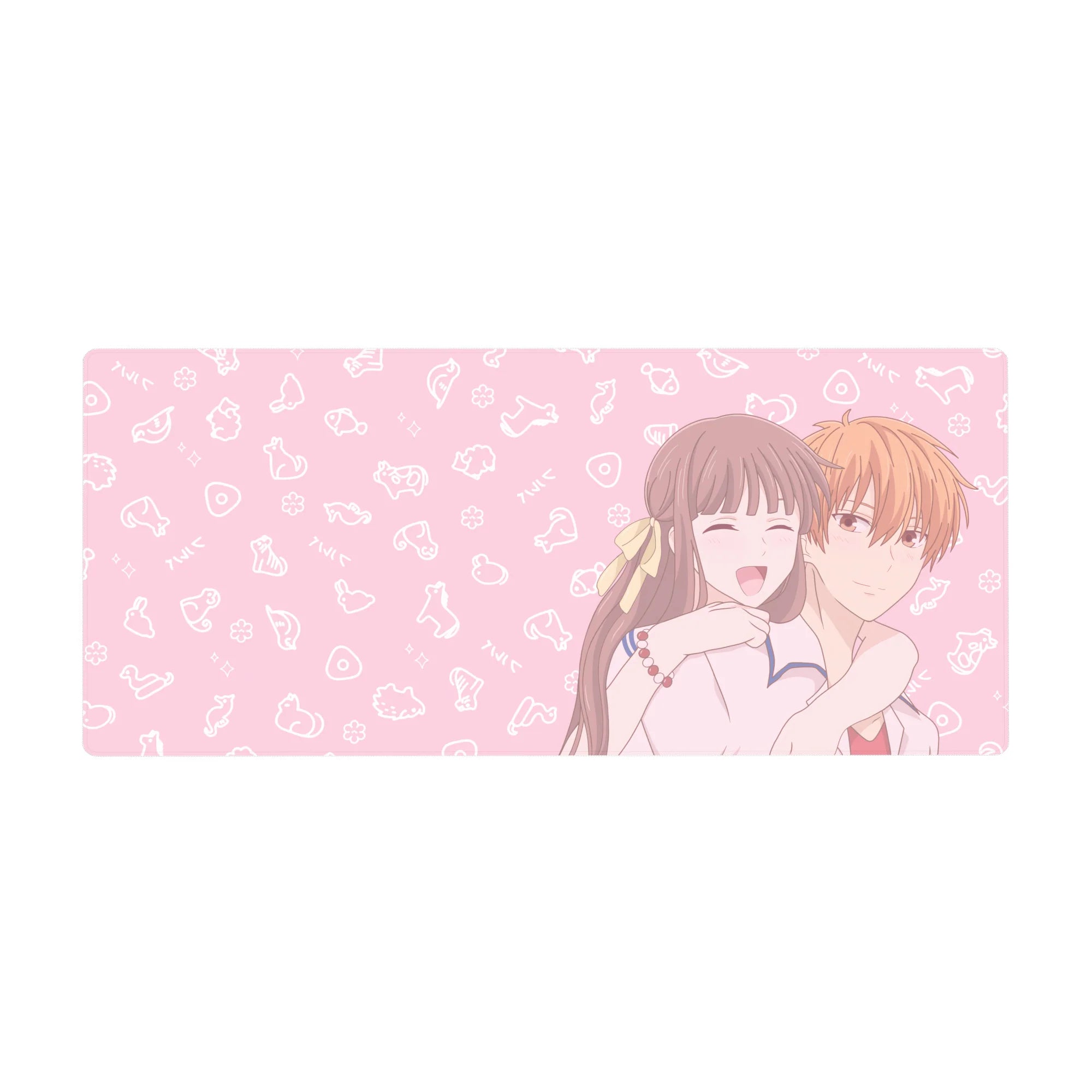 36x16 inches anime desk pad with cute doodle accents, hugging couple, blush background, smooth tracking.