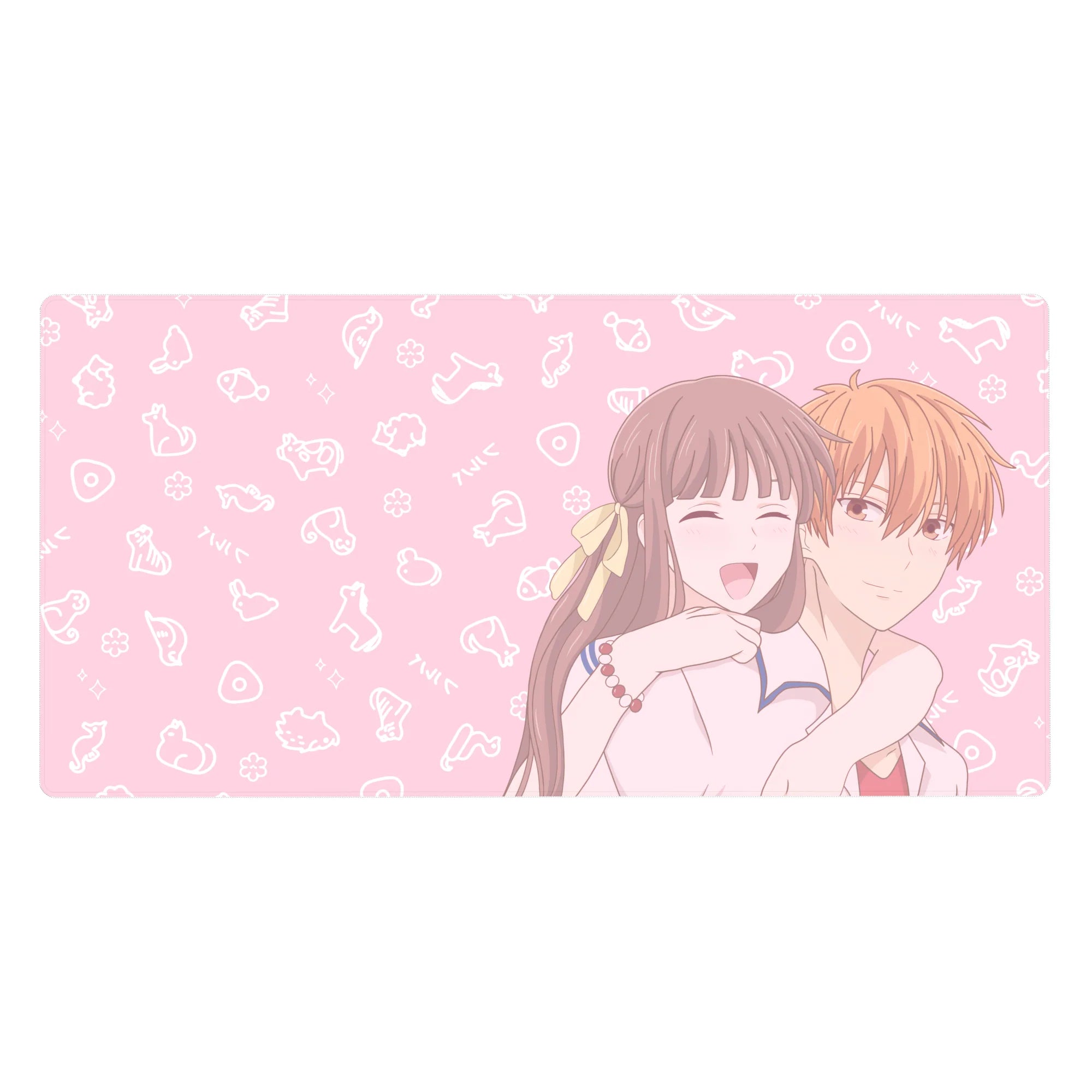 Anime desk pad 40x20 inches with cuddling couple, blush backdrop, tiny doodles, clean cozy line art.