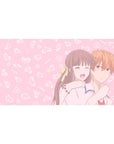 Anime desk pad 40x20 inches with cuddling couple, blush backdrop, tiny doodles, clean cozy line art.