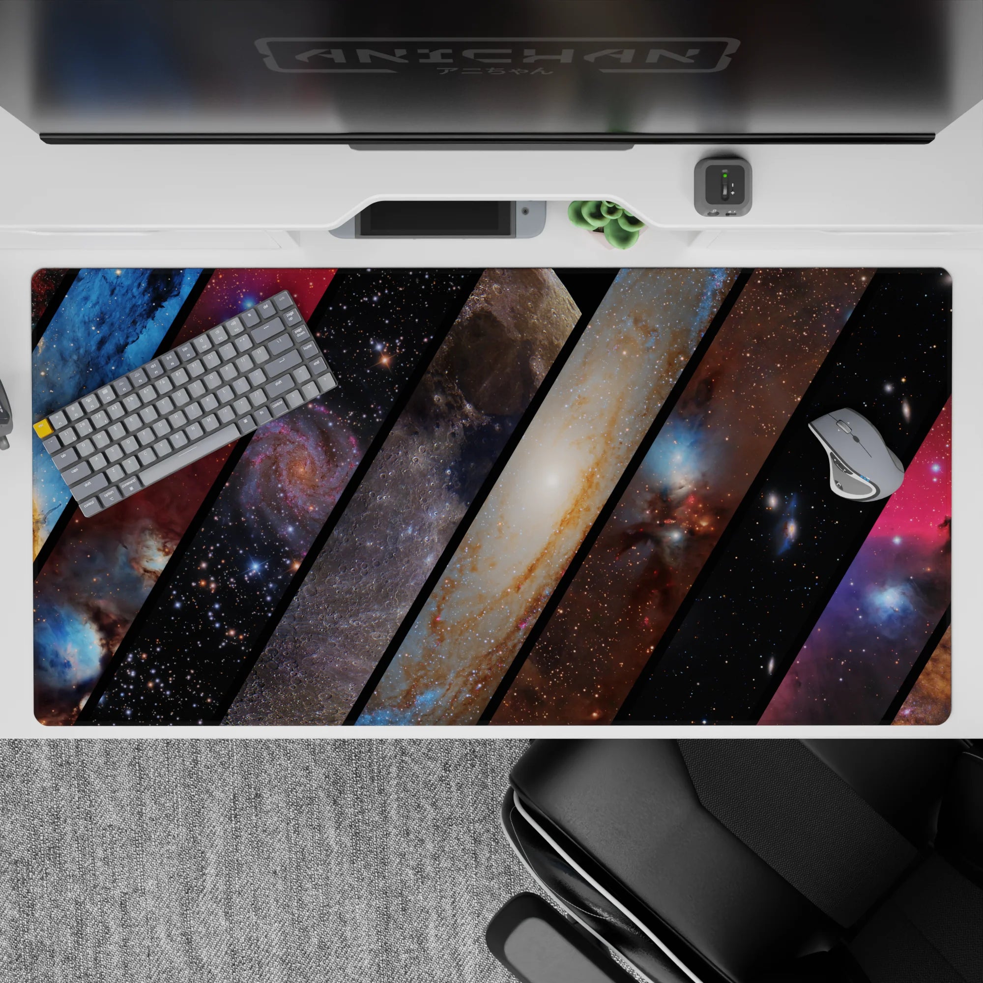 Deep space blues and smoky purples with dusty reds and creamy nebula swirls desk pad, 40x20 inches.