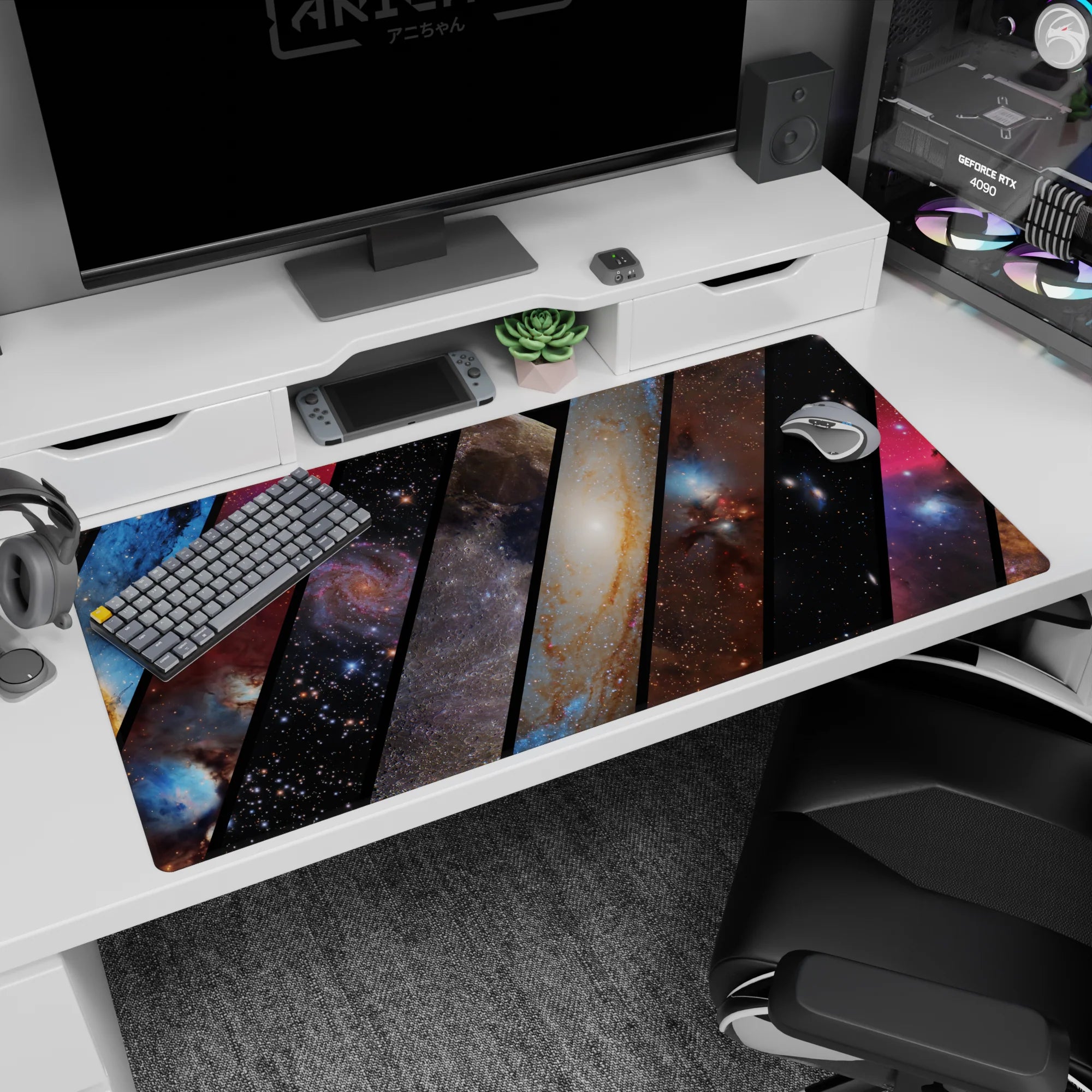 Window-like panels of different night skies and nebula scenes desk pad, 40x20 inches.