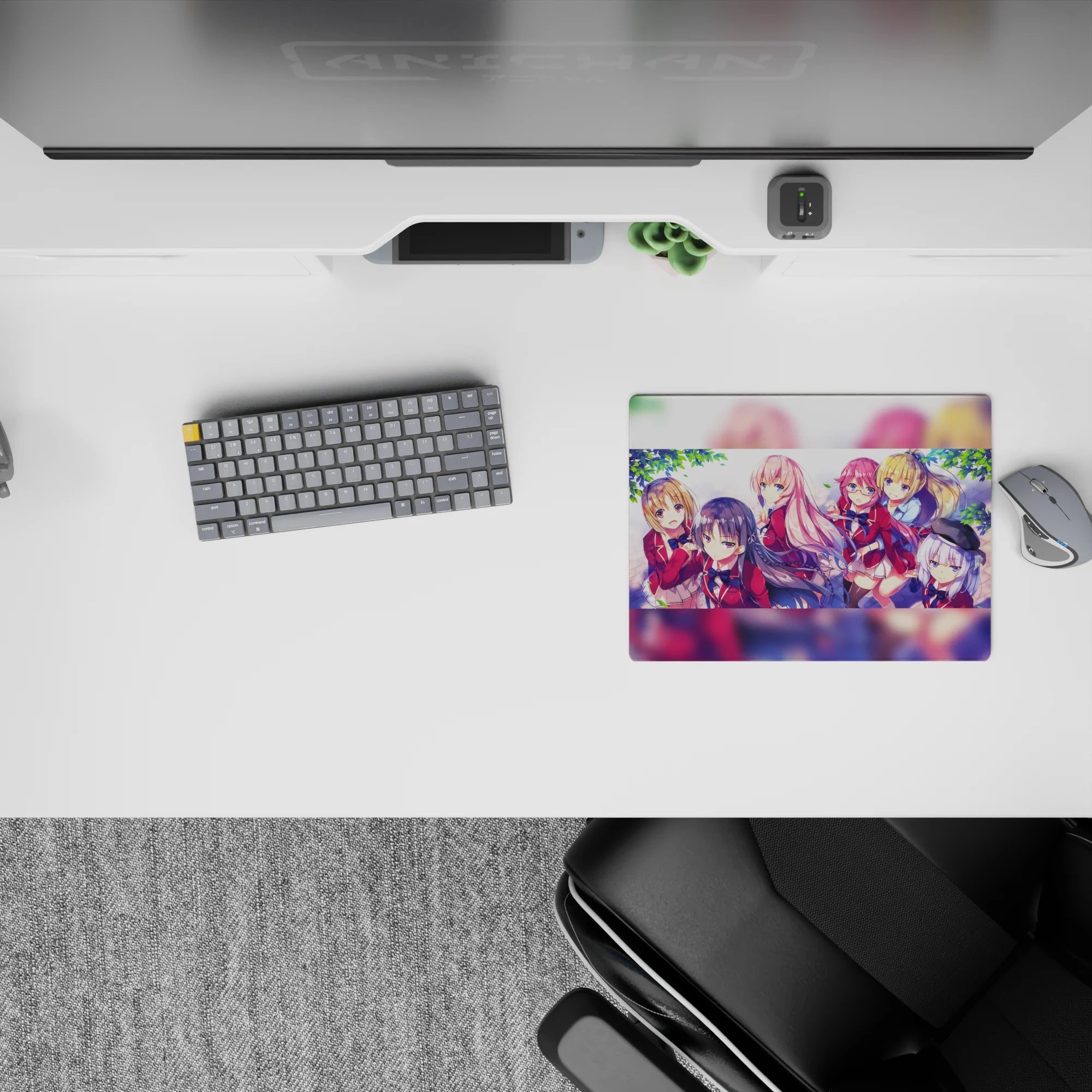 Cute anime girl mouse pad 14x10 inches in soft pinks, cherry red, and navy hair for a bright spring vibe.