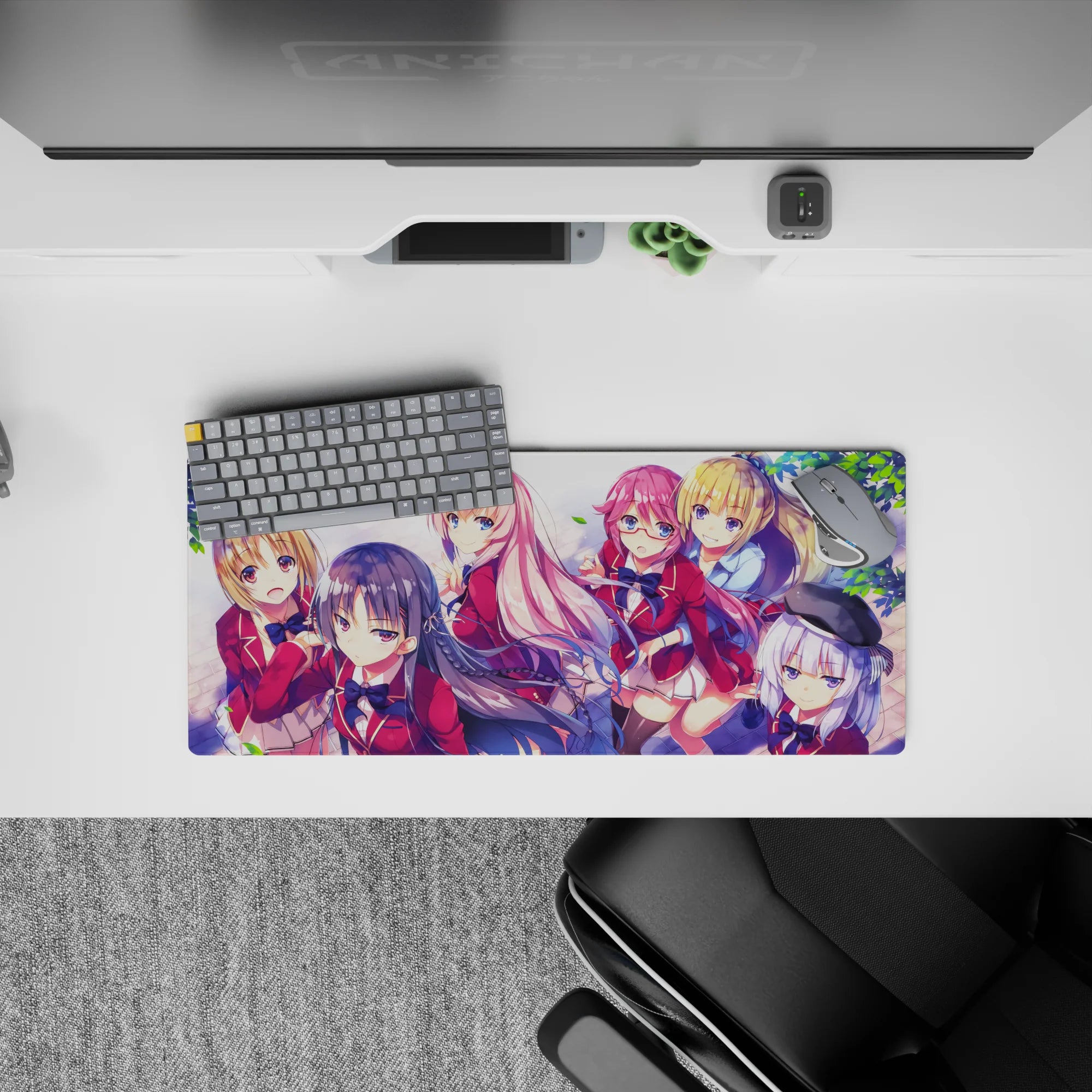 28x12 inches anime girl mouse pad in soft pinks and navy hair, bright sky highlights, warm lively feel.