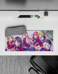 28x12 inches anime girl mouse pad in soft pinks and navy hair, bright sky highlights, warm lively feel.