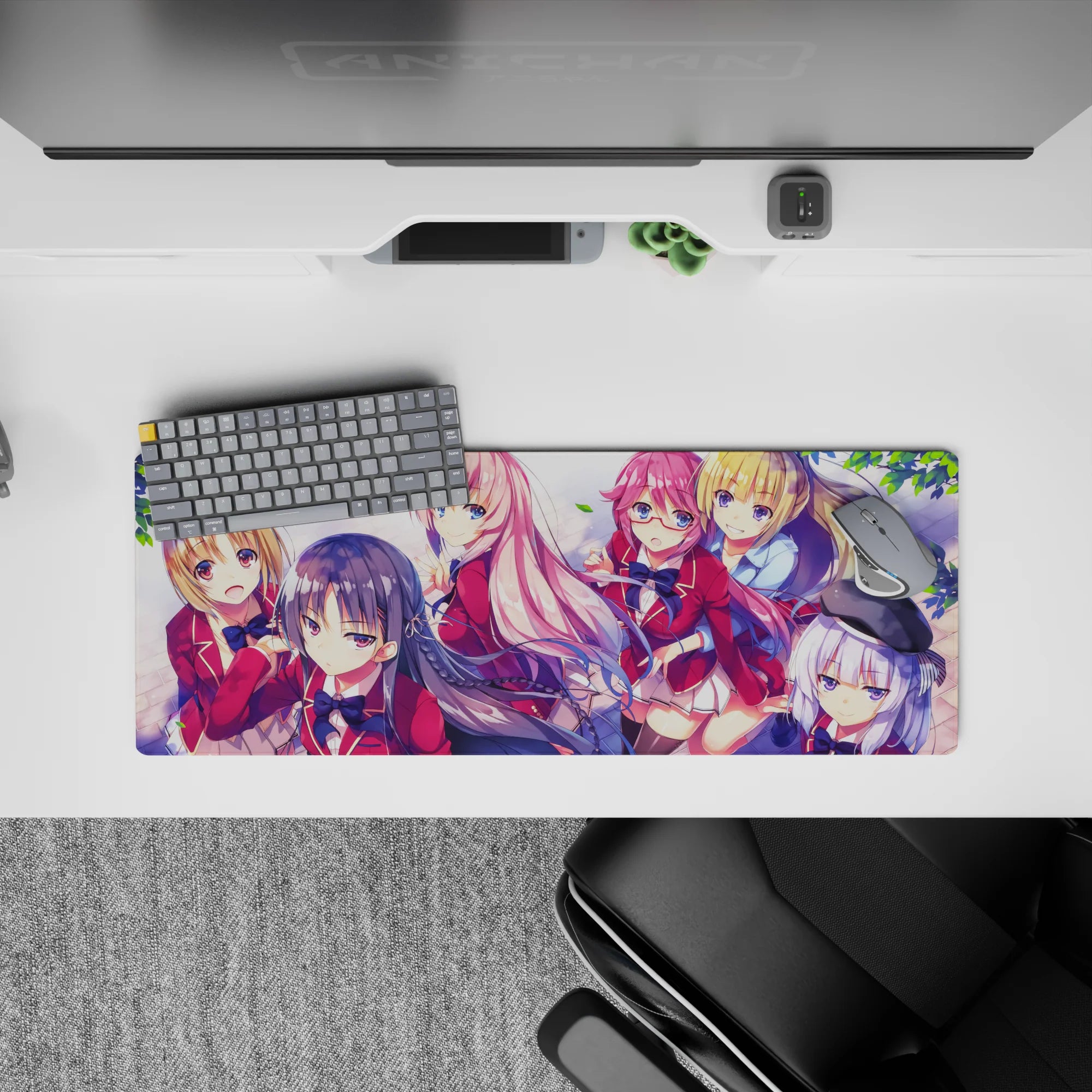 Anime girl mouse pad 32x12 inches in soft pinks, cherry red blazers, and navy hair for a bright vibe.