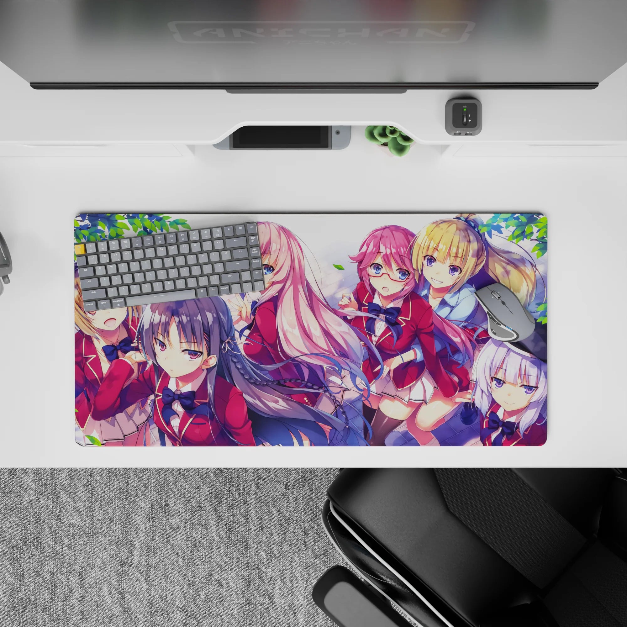Cute anime girl mouse pad 32x16 inches in soft pinks and sky blue, warm lively desk setup vibe.
