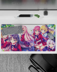 Cute anime girl mouse pad 32x16 inches in soft pinks and sky blue, warm lively desk setup vibe.