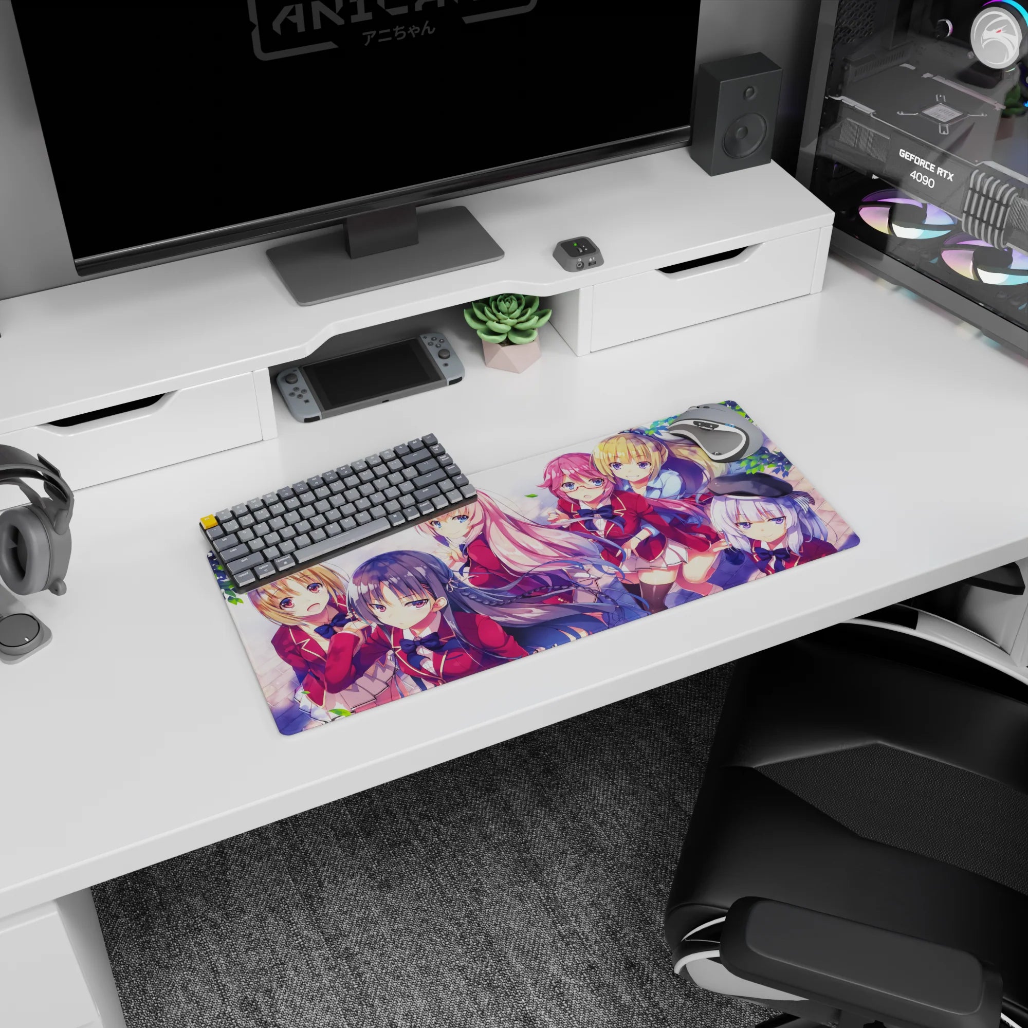 28x12 inches anime girl mouse pad showing two schoolgirls in red blazers, spring leaves framing the scene.