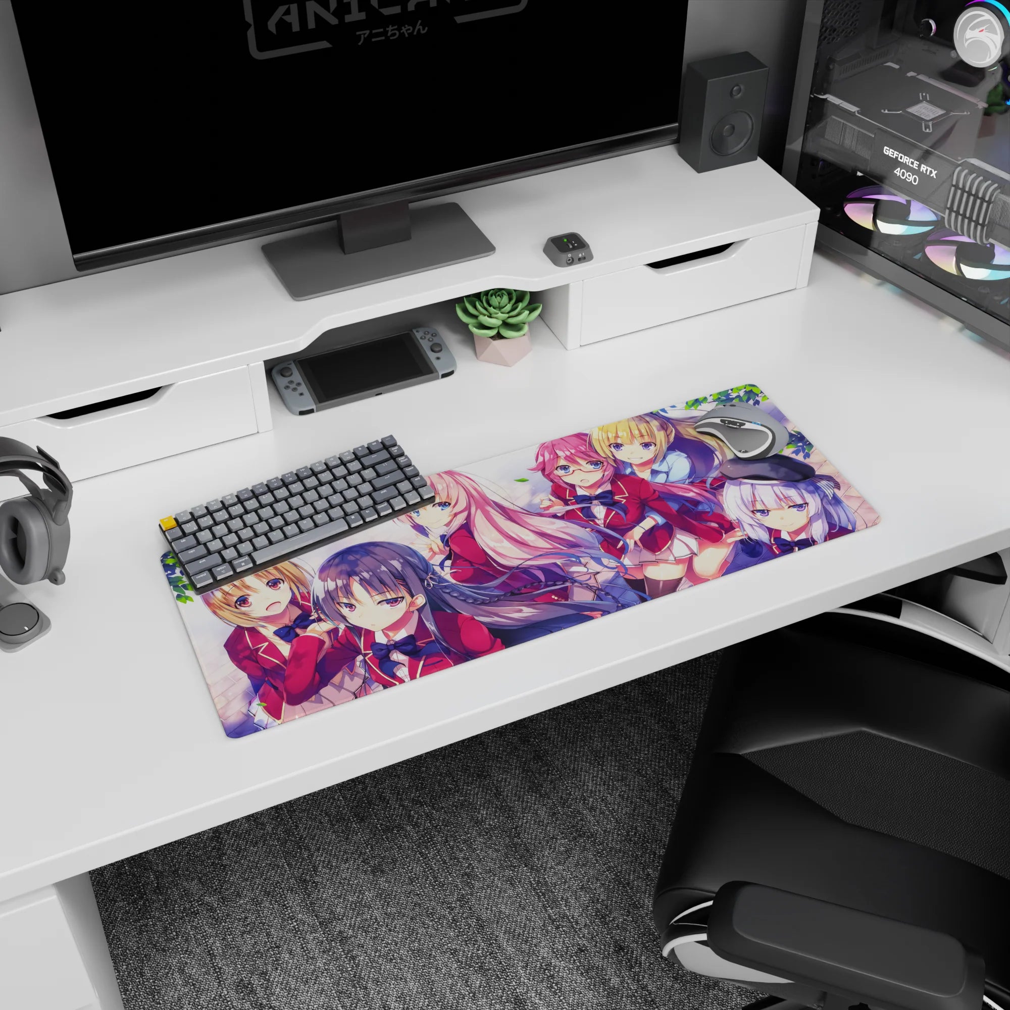 Anime girl mouse pad 32x12 inches featuring two schoolgirls in red blazers with spring leaves and sky tones.