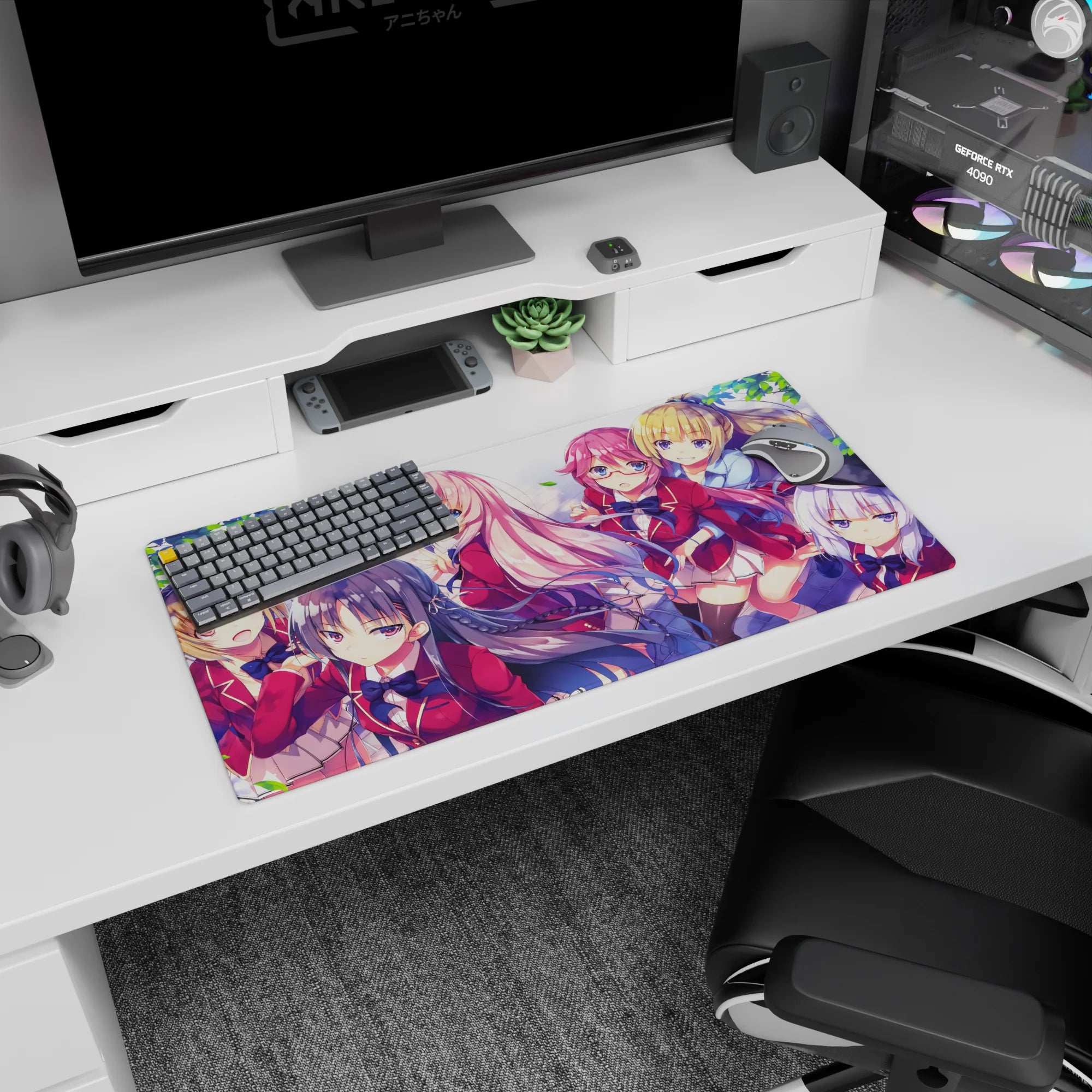 Anime girl mouse pad 32x16 inches featuring two schoolgirls in cherry red blazers under floating leaves.
