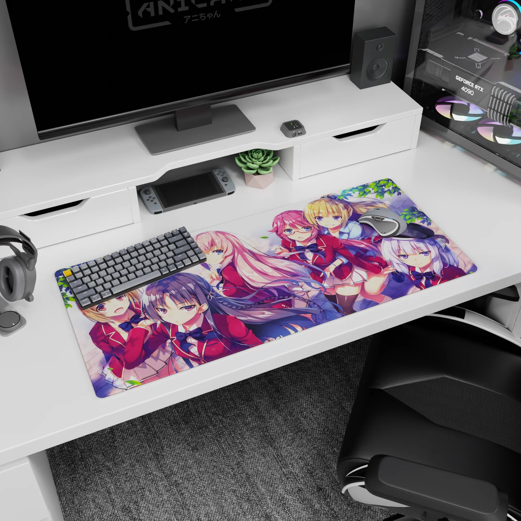 36x16 inches anime girl mouse pad with cute schoolgirls in red blazers, framed by breezy spring leaves.