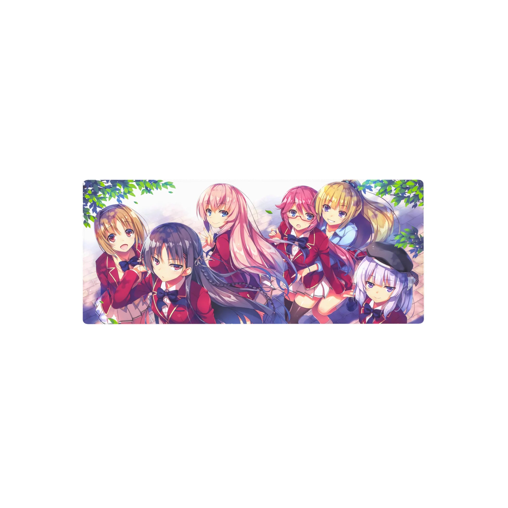 28x12 inches anime girl mouse pad with school club scene, cherry red blazers, leaves, pastel backdrop.