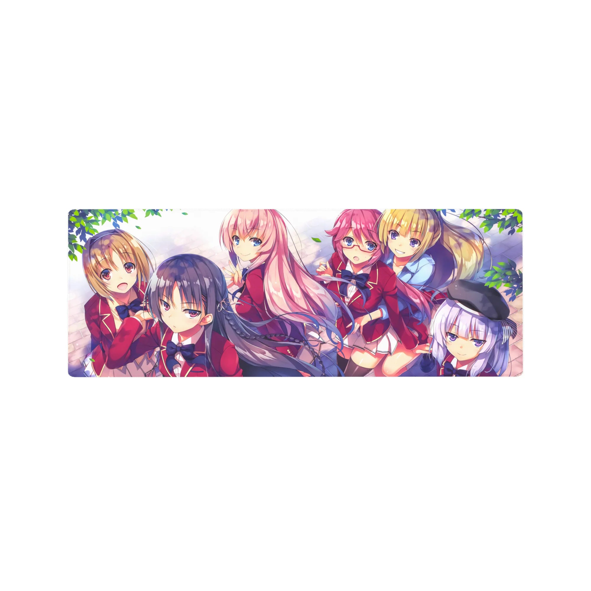 Anime girl mouse pad 32x12 inches with school club scene, pastel background, and leaf accents.