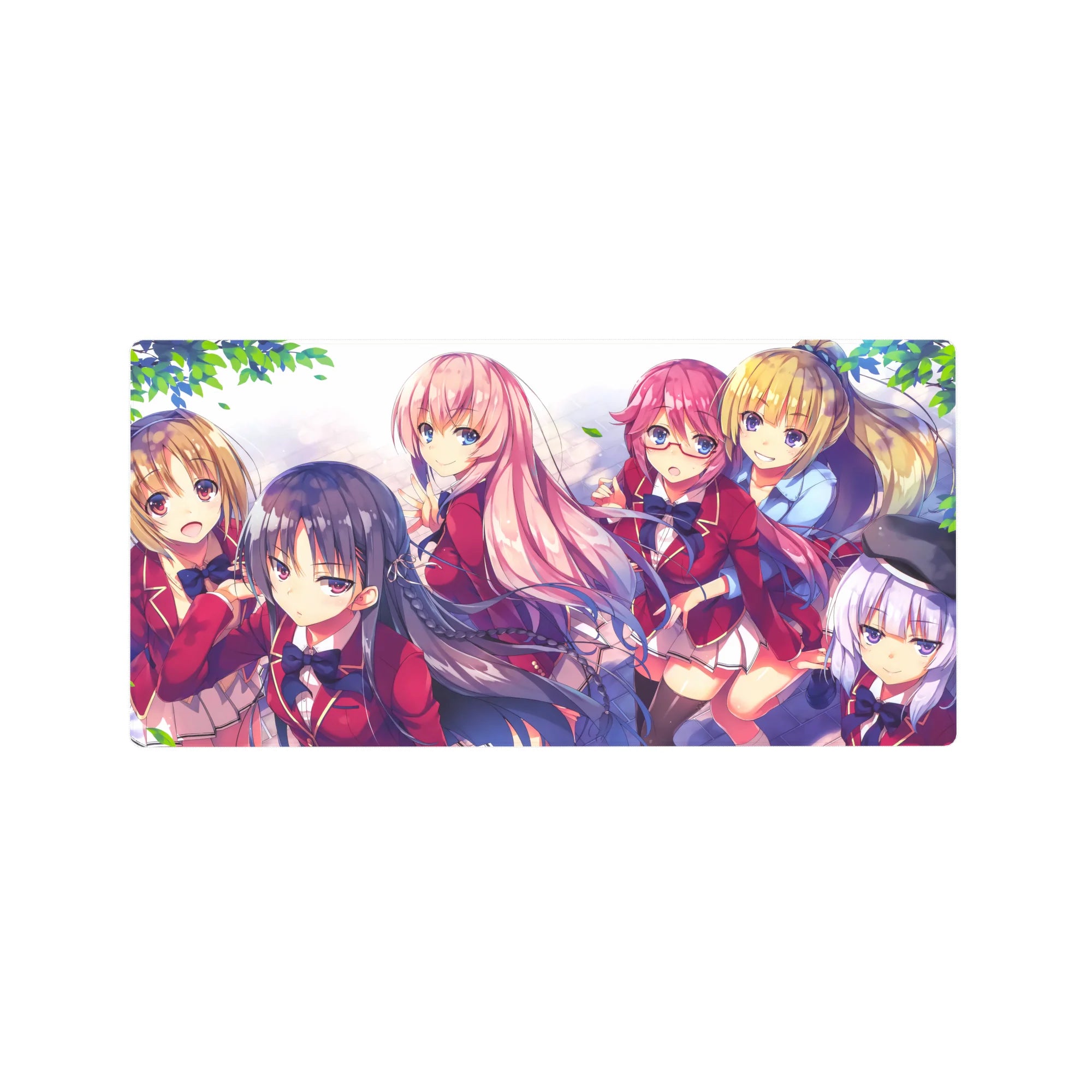 Anime girl mouse pad 32x16 inches with school club scene, red blazers, navy hair, pastel spring leaves.