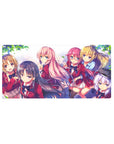 Anime girl mouse pad 32x16 inches with school club scene, red blazers, navy hair, pastel spring leaves.