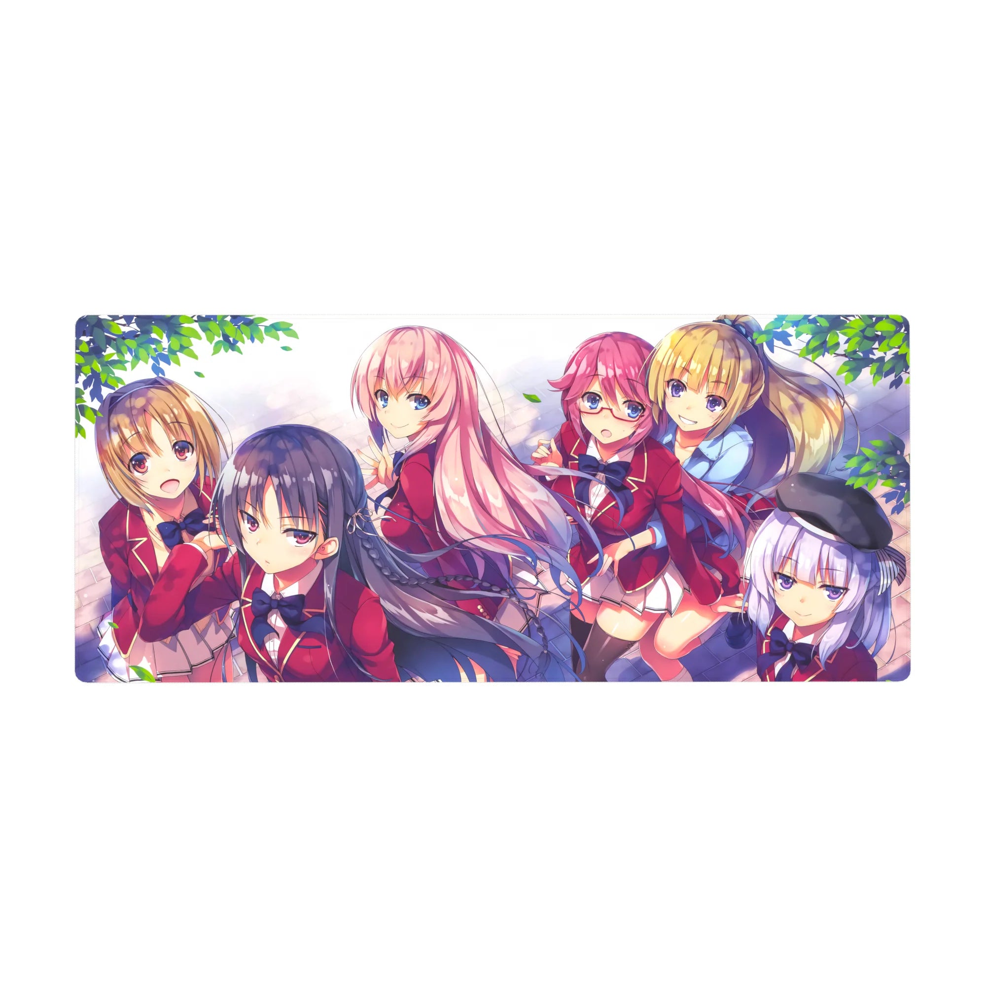 36x16 inches anime girl desk pad with school club scene, leaves framing a pastel spring background.