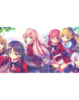 Anime girl desk pad 40x20 inches with school club scene, leaves frame, pastel background.