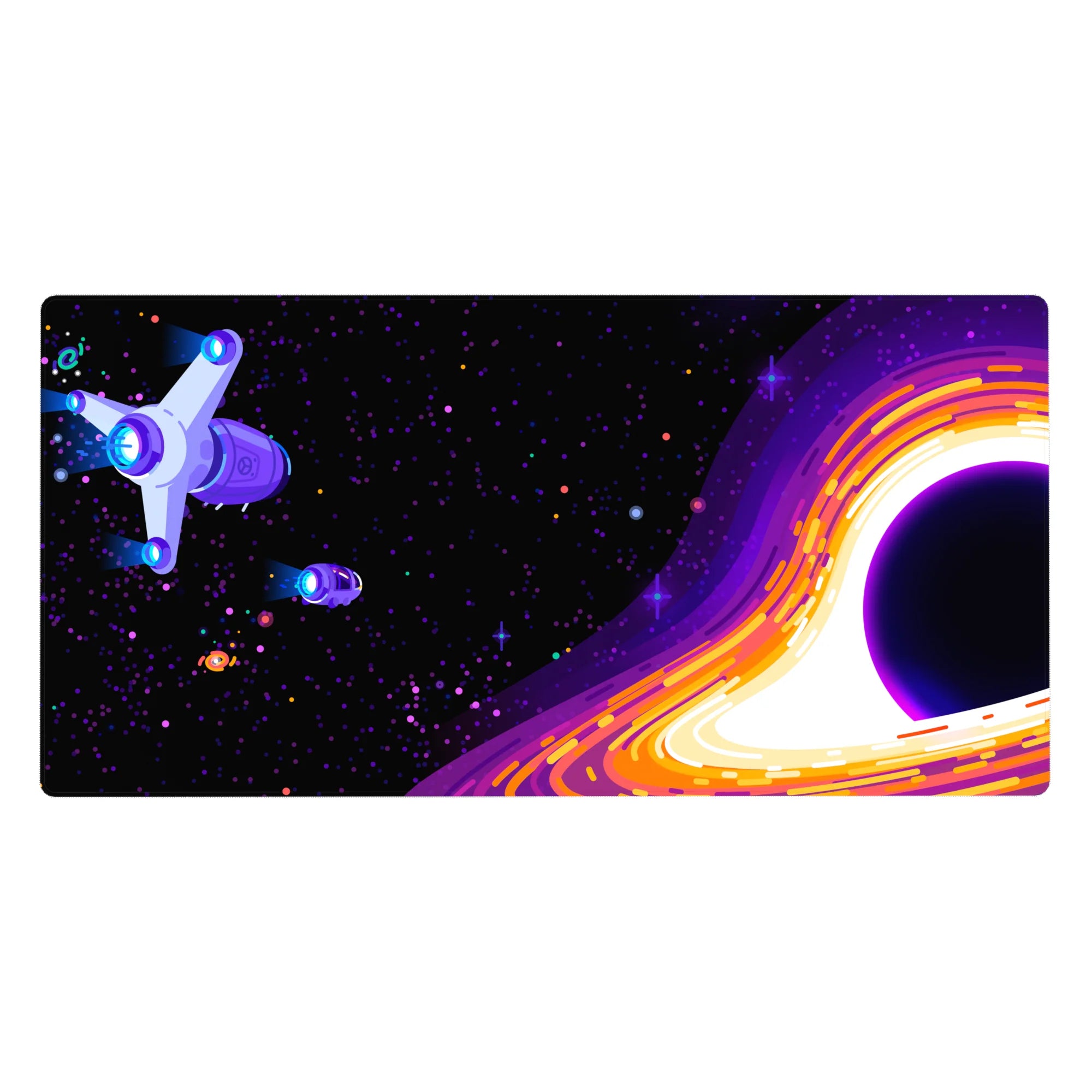 Starry midnight galaxy desk pad 40x20 inches with cosmic swirl, sparkling space dust, and tiny ship.