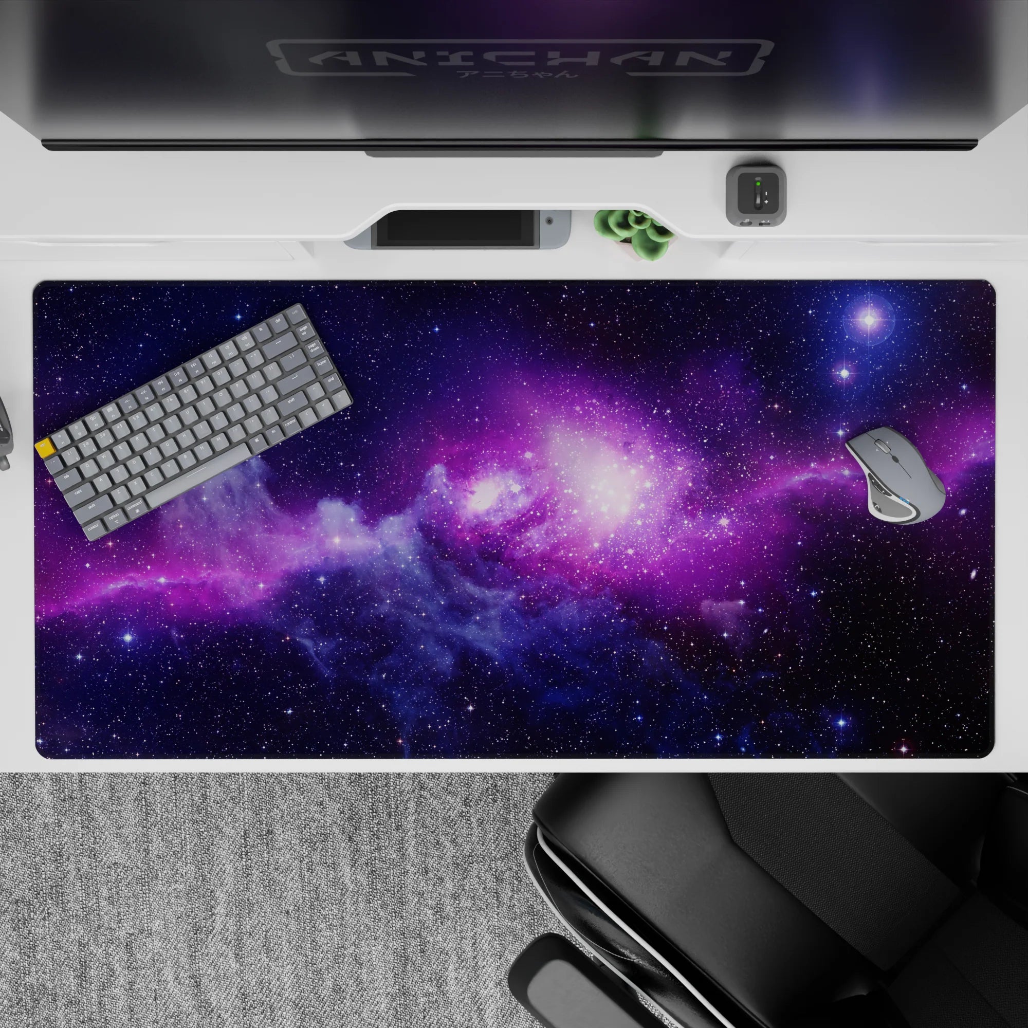 Calm midnight desk pad 40x20 inches in inky blues and soft lilac clouds with a gentle glowing vibe.