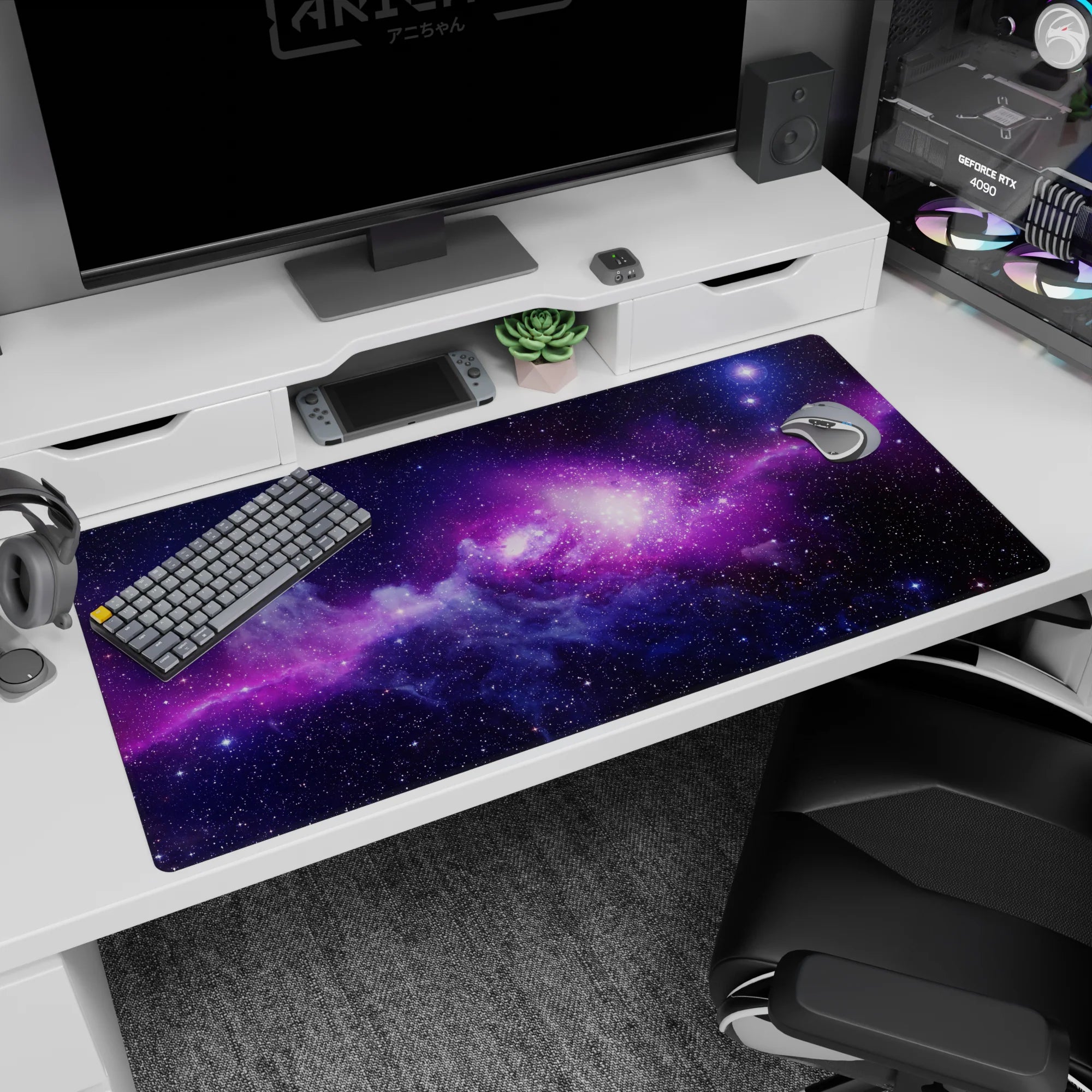 Star-specked nebula scene desk pad 40x20 inches, like drifting through violet space mist.